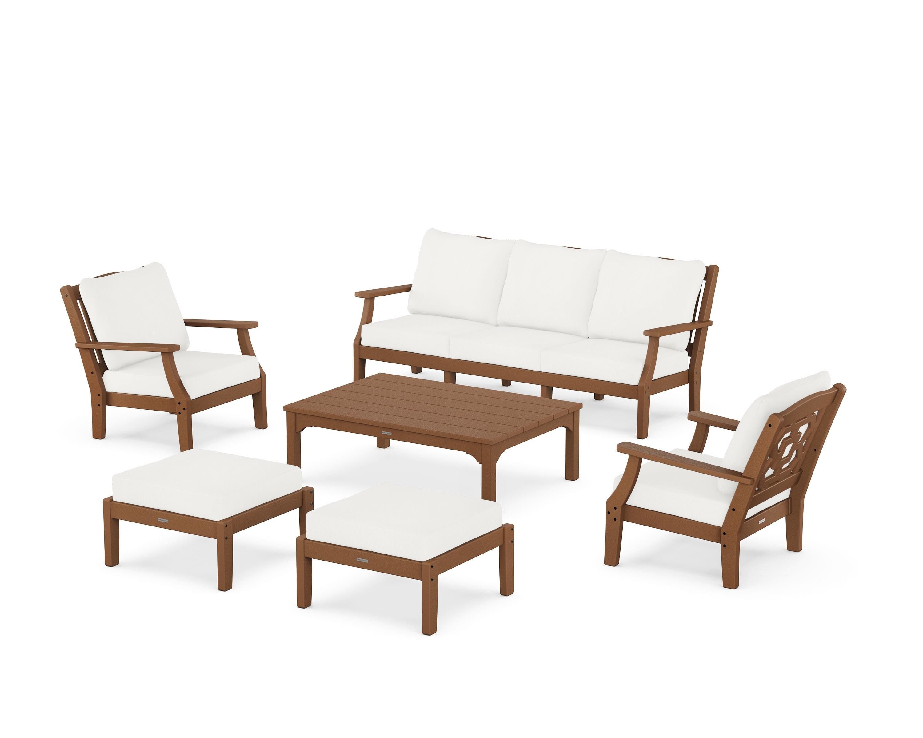 Martha Stewart by POLYWOOD Chinoiserie 6-Piece Lounge Sofa Set in Teak / Natural Linen