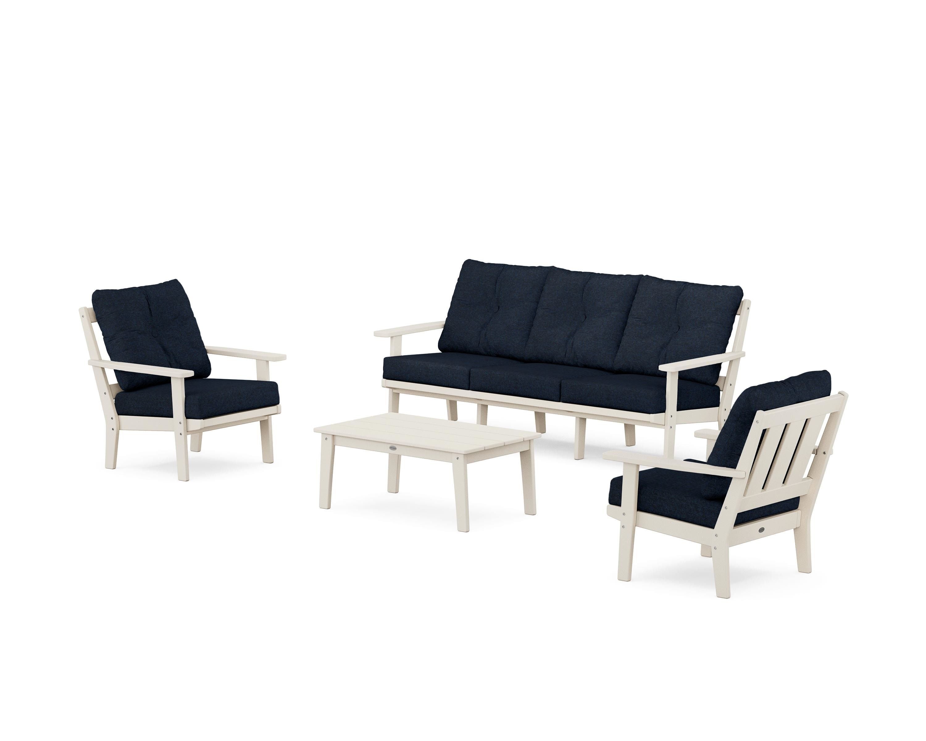 POLYWOOD Oxford 4-Piece Deep Seating Set with Sofa in Sand / Marine Indigo