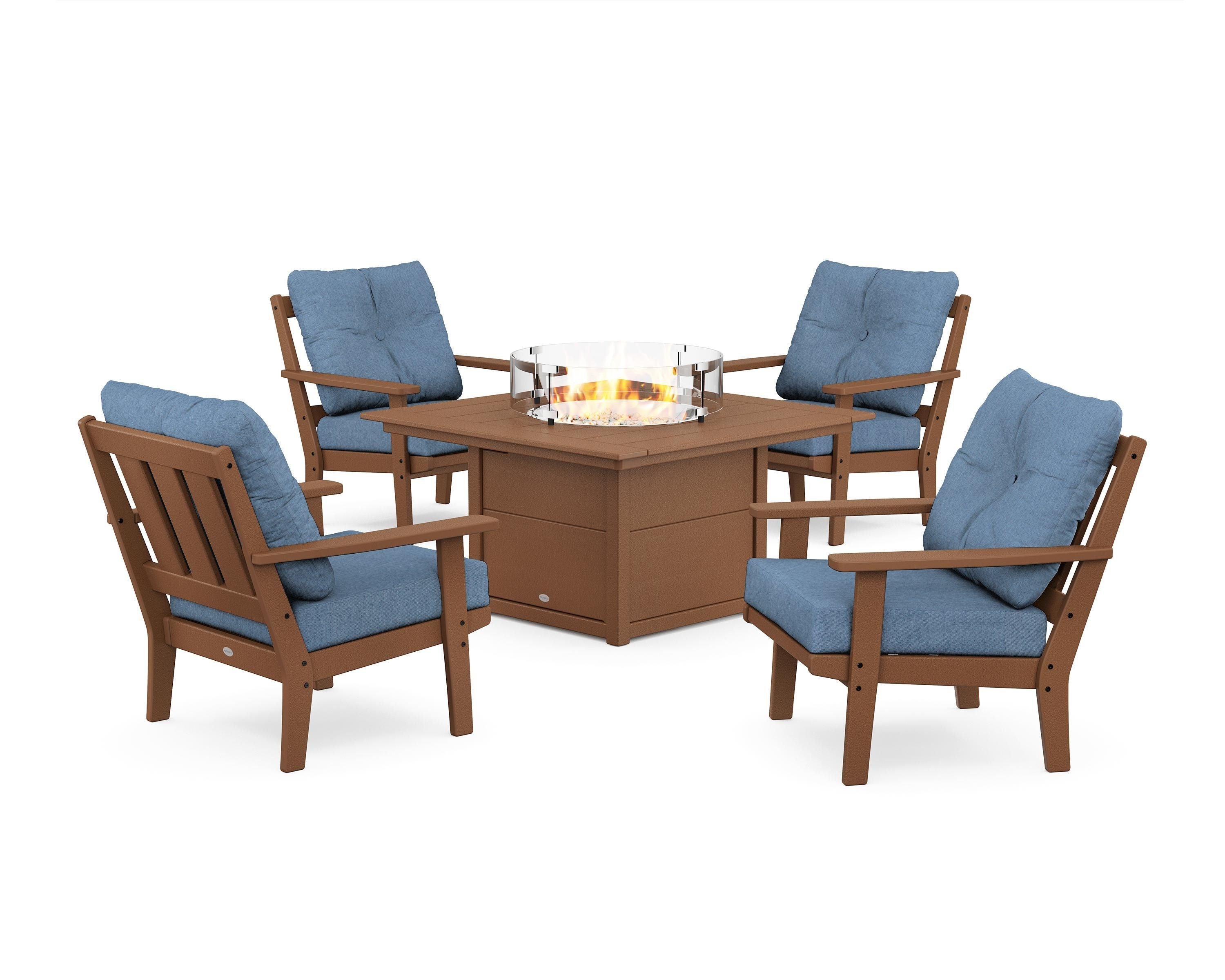 POLYWOOD Oxford 5-Piece Deep Seating Set with Fire Pit Table in Teak / Sky Blue
