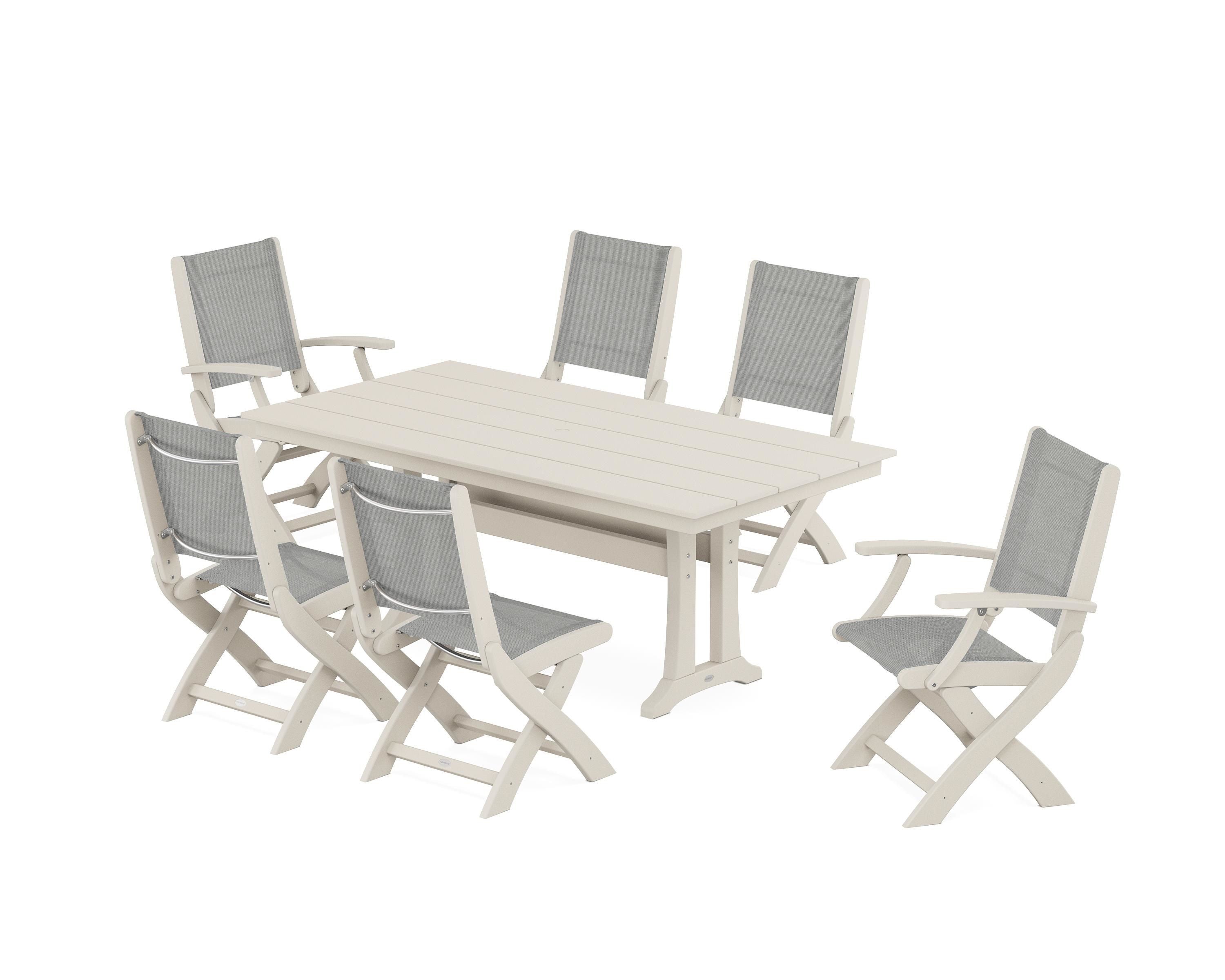 POLYWOOD Coastal Folding Chair 7-Piece Farmhouse Dining Set with Trestle Legs in Sand / Metallic Sling