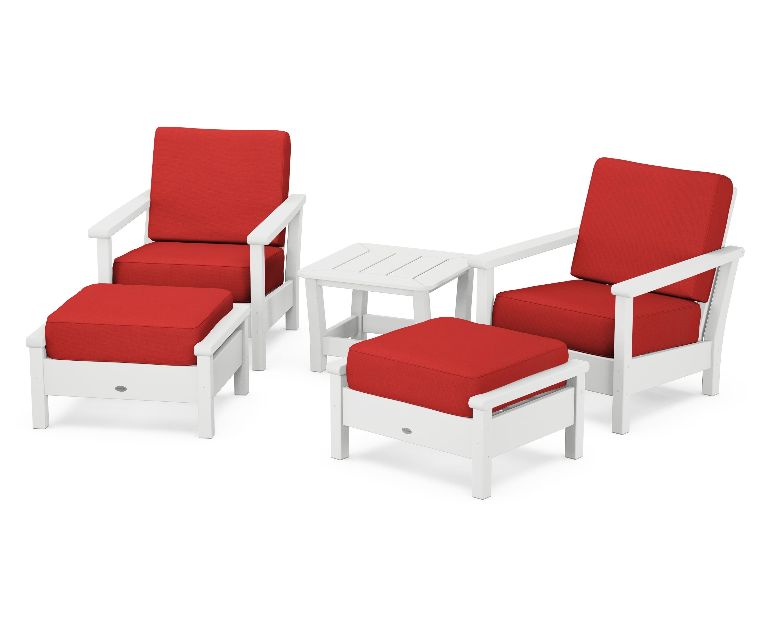 POLYWOOD Harbour 5-Piece Deep Seating Chair Set in White / Crimson Linen