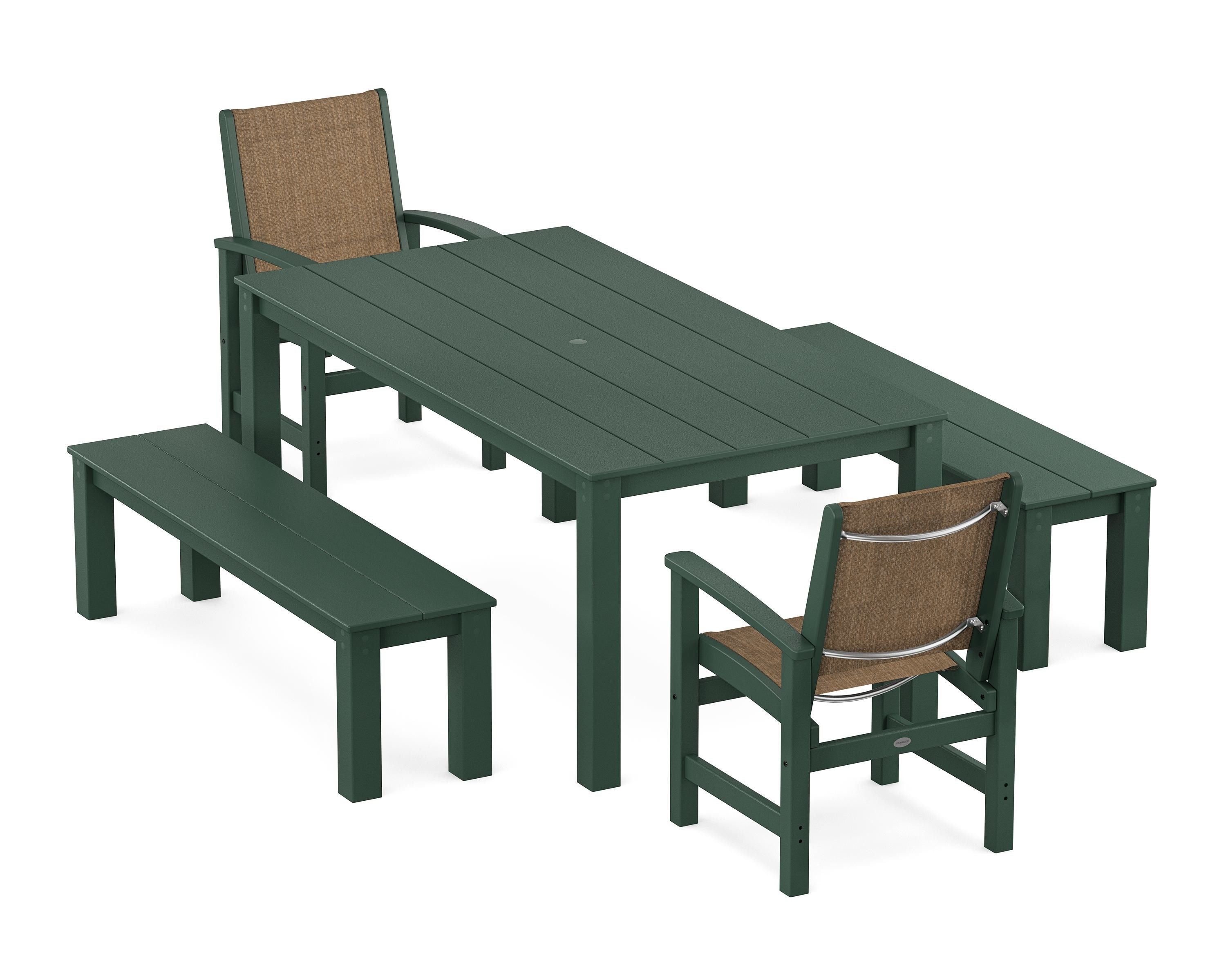 POLYWOOD Coastal 5-Piece Parsons Dining Set with Benches in Green / Burlap Sling