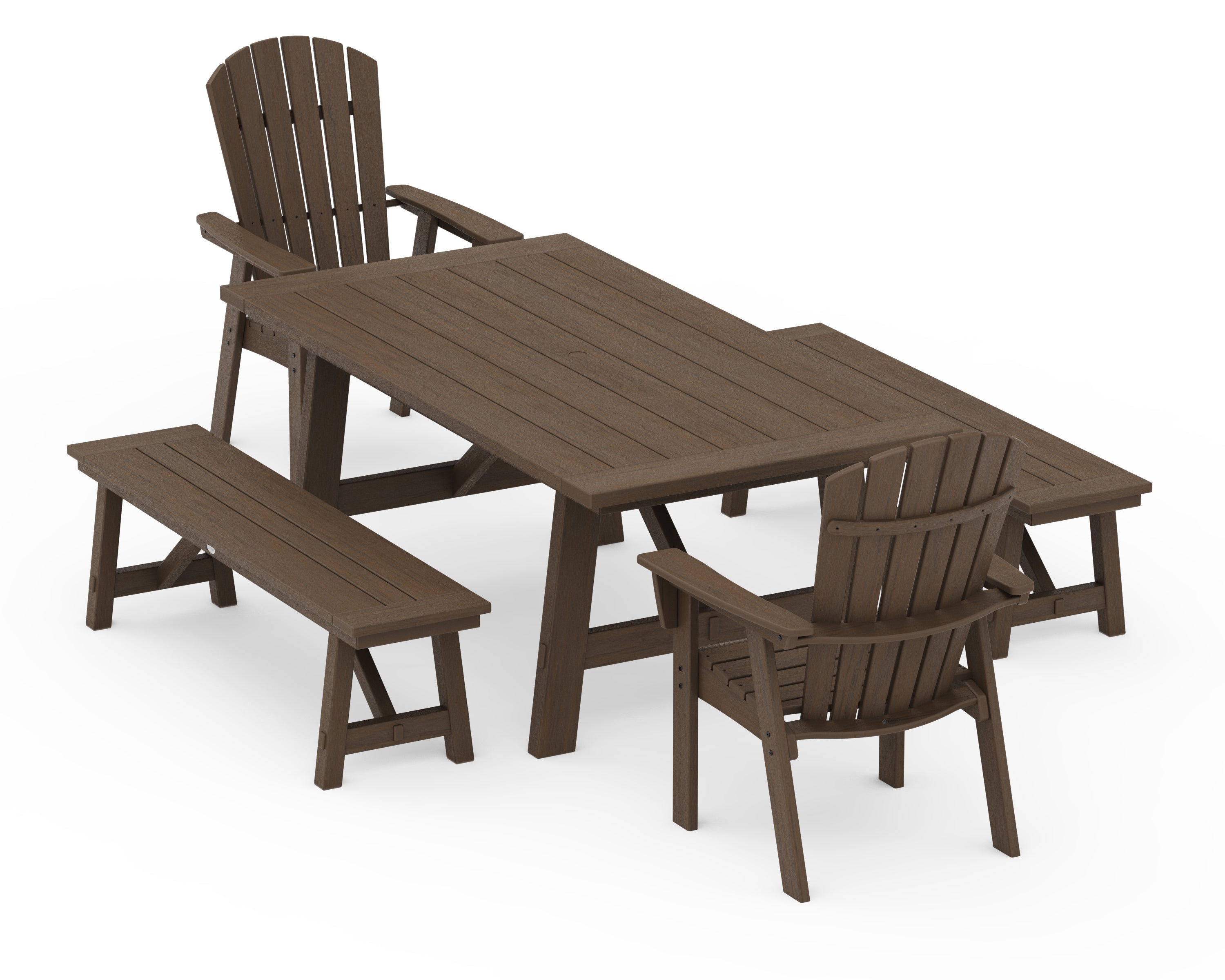 POLYWOOD Nautical Curveback Adirondack 5-Piece Rustic Farmhouse Dining Set With Benches in Kona