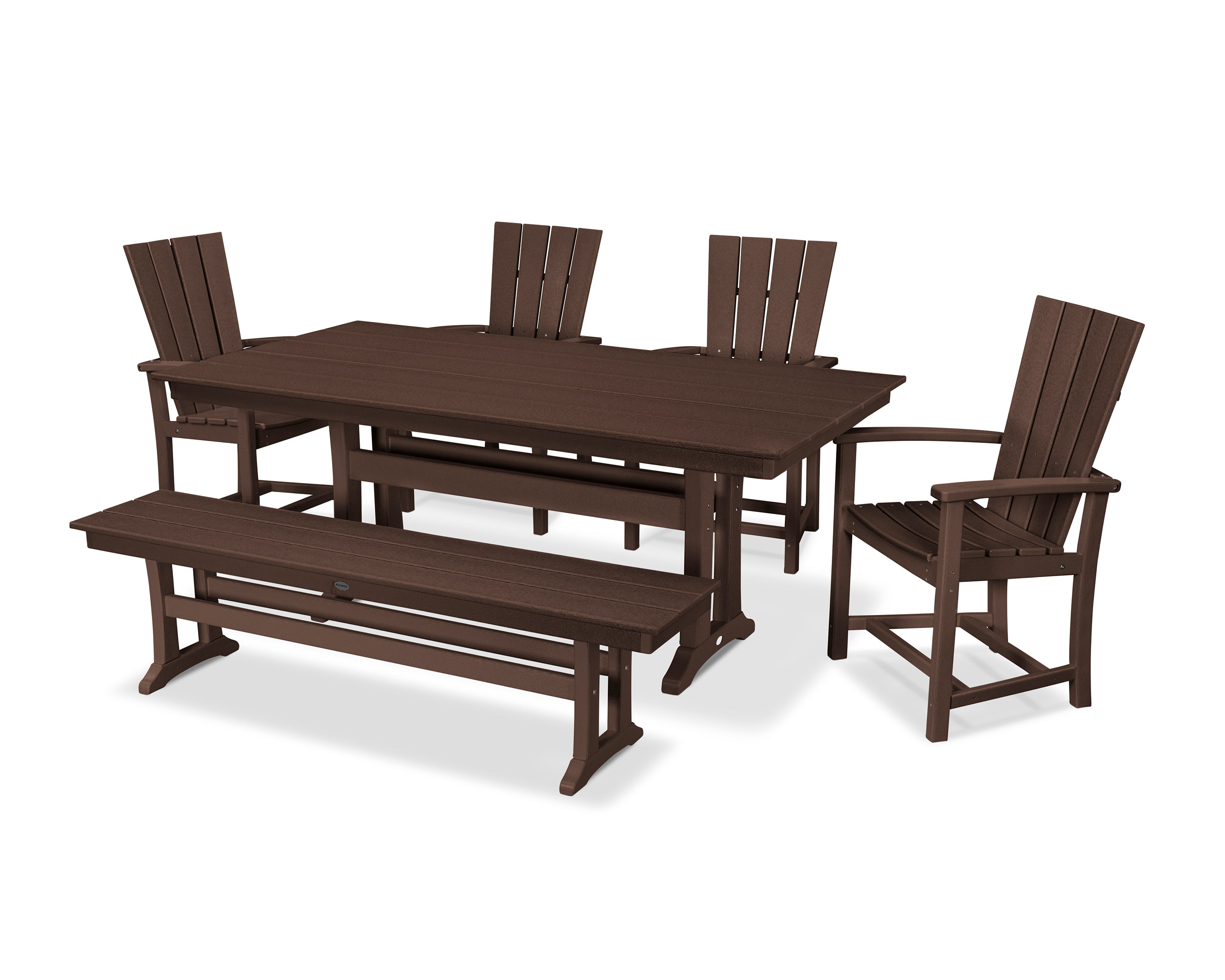 POLYWOOD Quattro 6-Piece Farmhouse Dining Set with Trestle Legs and Bench in Mahogany