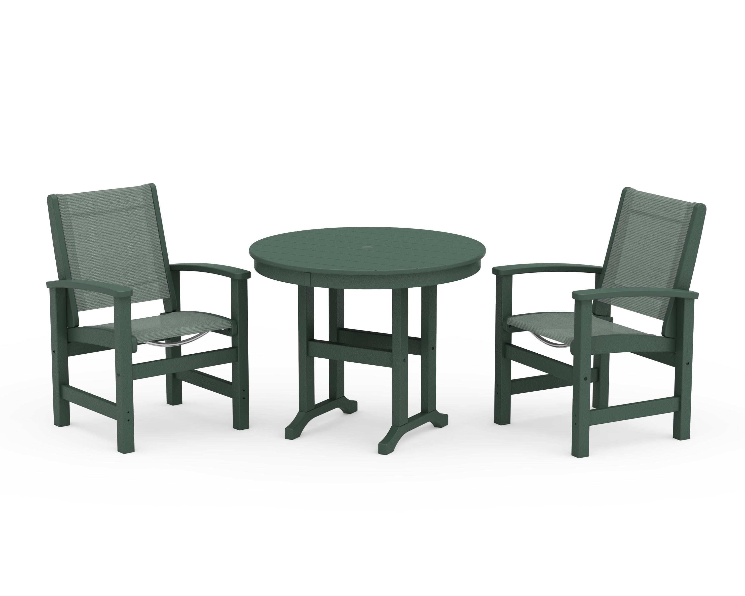 POLYWOOD Coastal 3-Piece Round Dining Set in Green / Dupioni Sea Mist Sling