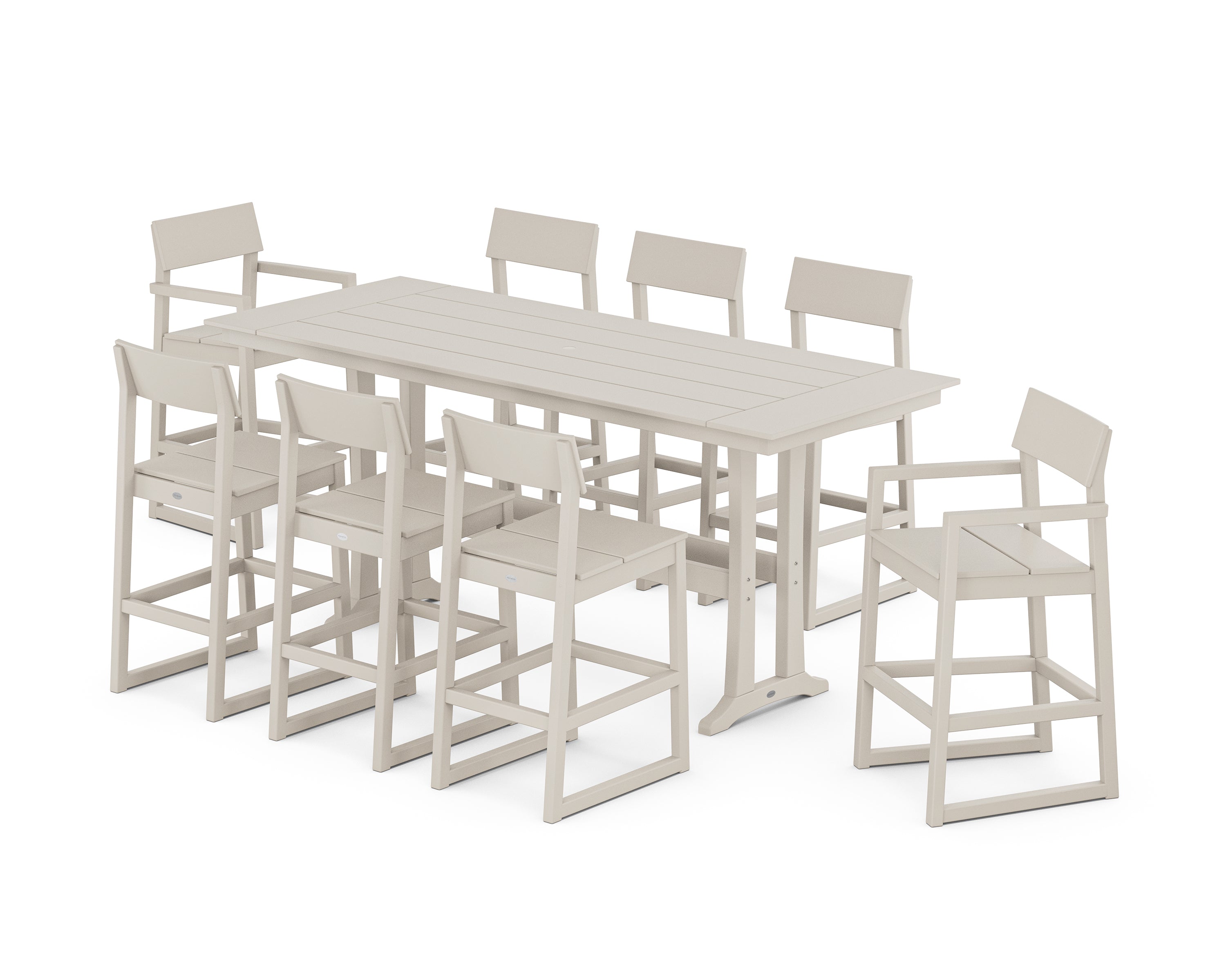 POLYWOOD EDGE 9-Piece Farmhouse Bar Set with Trestle Legs in Sand