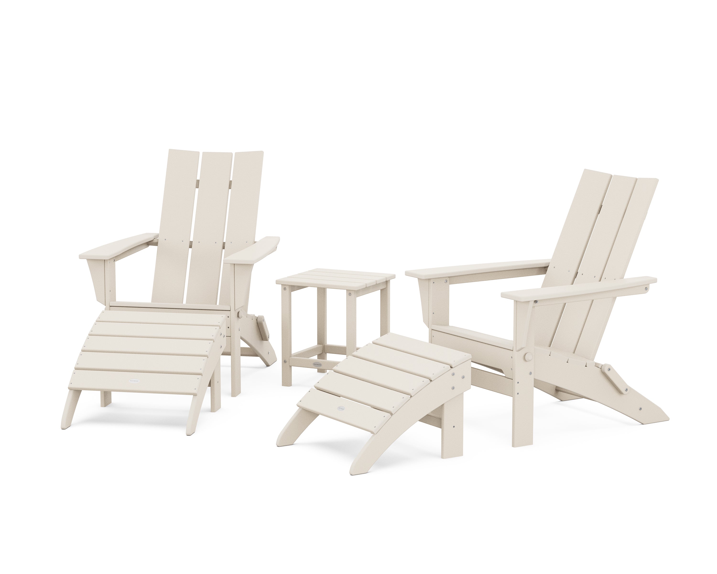 POLYWOOD Modern Folding Adirondack Chair 5-Piece Set with Ottomans and 18" Side Table in Sand