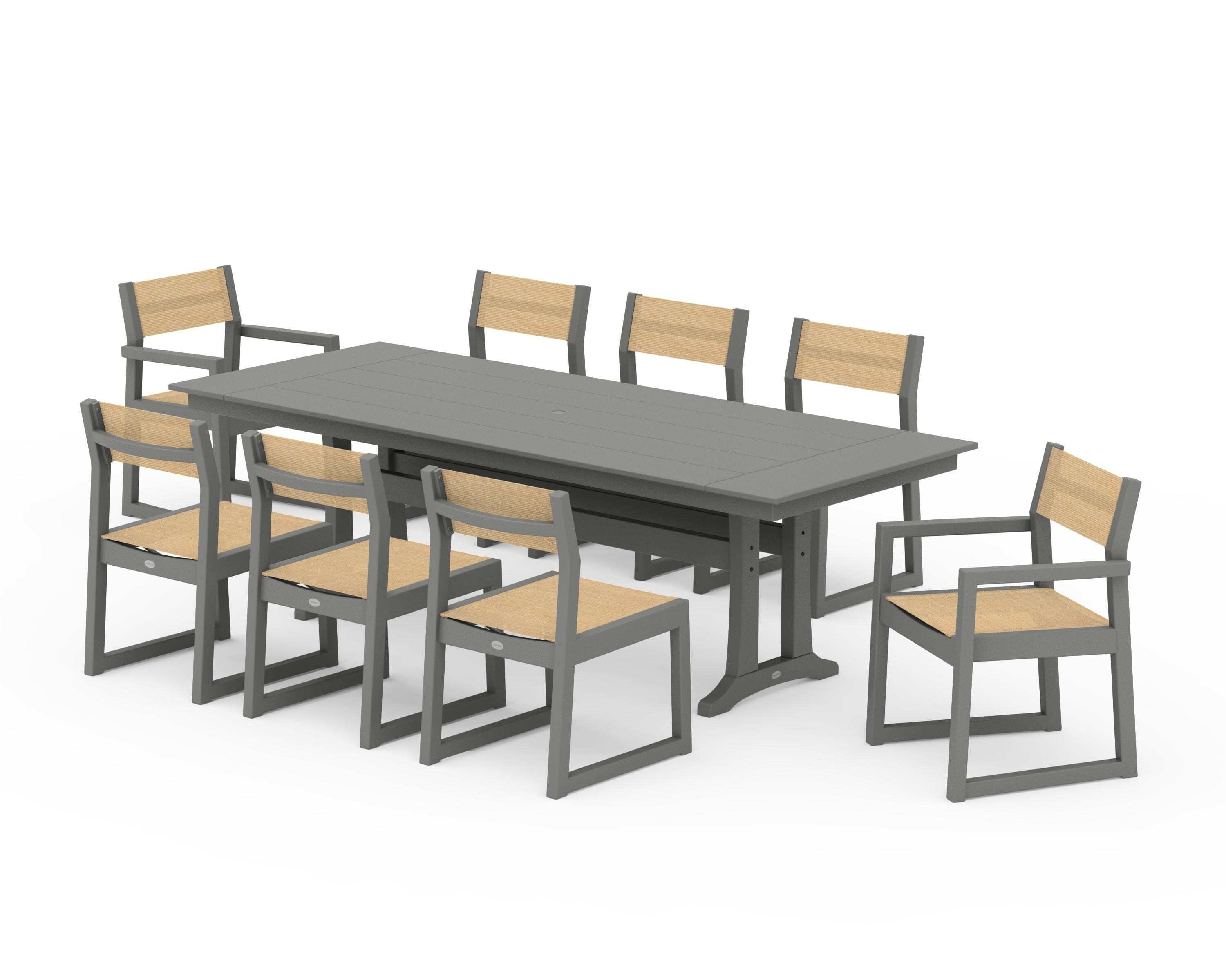 POLYWOOD EDGE Sling 9-Piece Farmhouse Trestle Dining Set in Slate Grey / Dupioni Apricot Sling