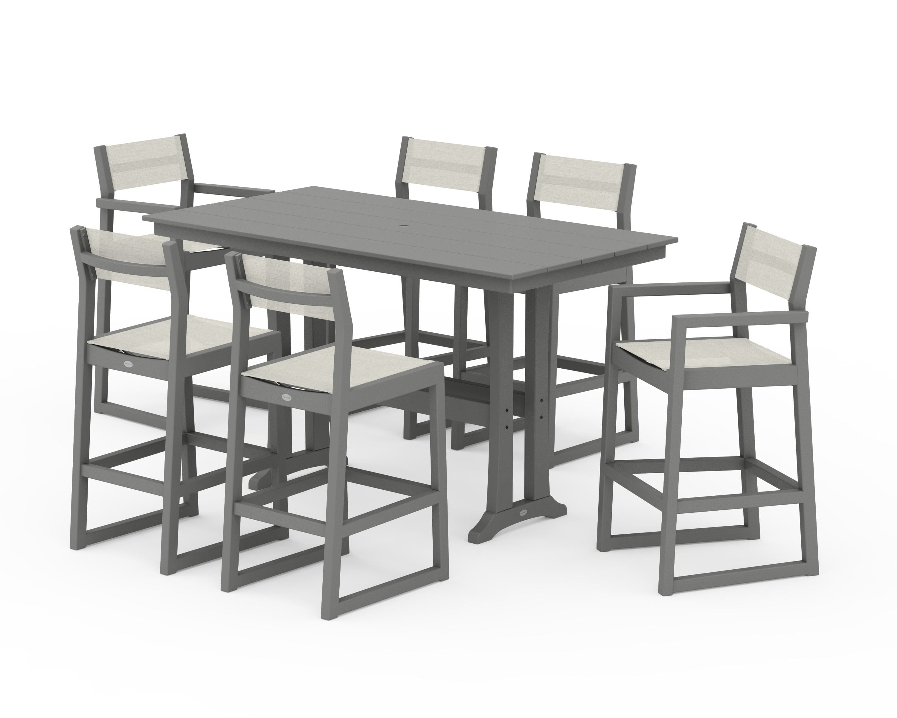 POLYWOOD EDGE Sling 7-Piece Farmhouse Bar Set with Trestle Legs in Slate Grey / Parchment Sling