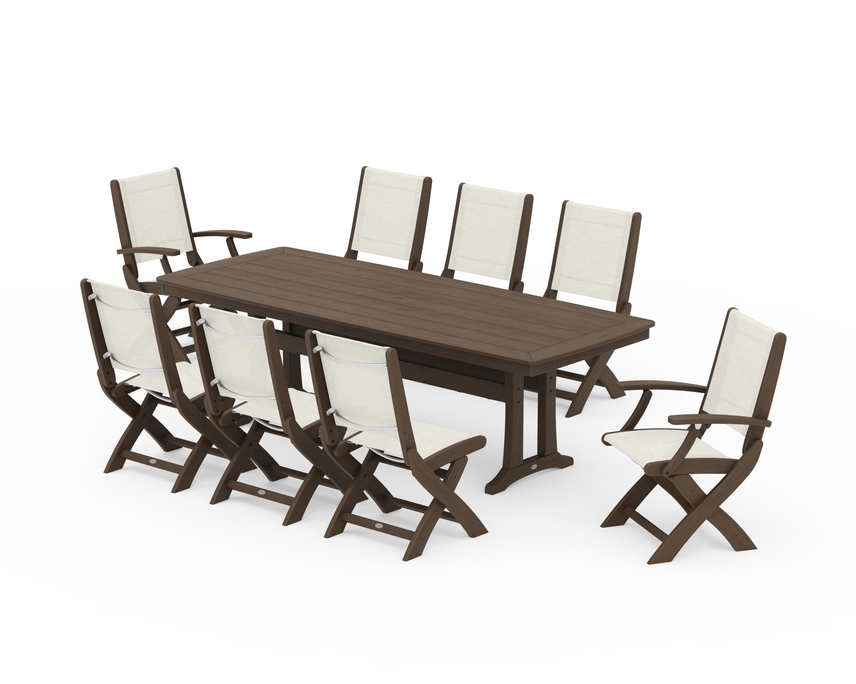 POLYWOOD Coastal Folding 9-Piece Dining Set with Trestle Legs in Kona / Parchment Sling