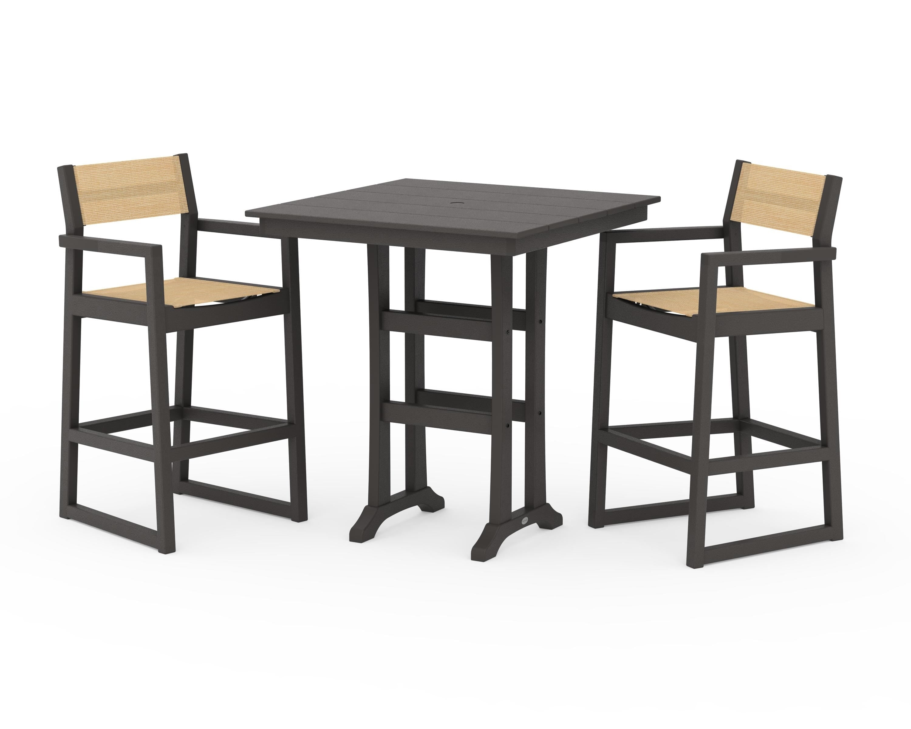 POLYWOOD EDGE Sling Arm Chair 3-Piece Farmhouse Bar Set with Trestle Legs in Vintage Coffee / Dupioni Apricot Sling
