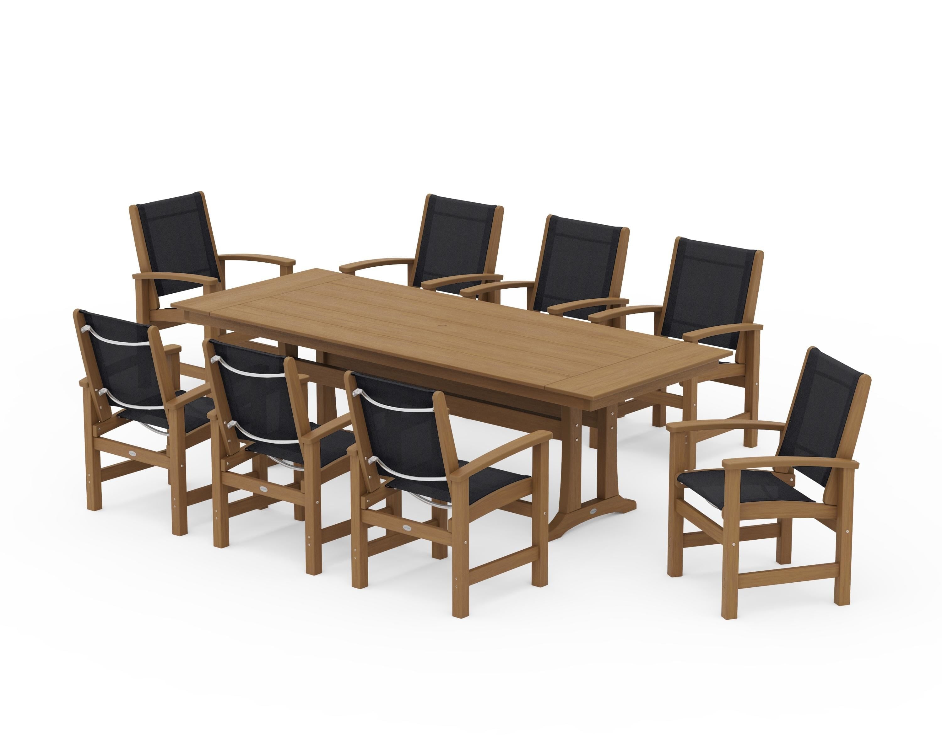 POLYWOOD Coastal 9-Piece Farmhouse Dining Set with Trestle Legs in Natural / Black Sling
