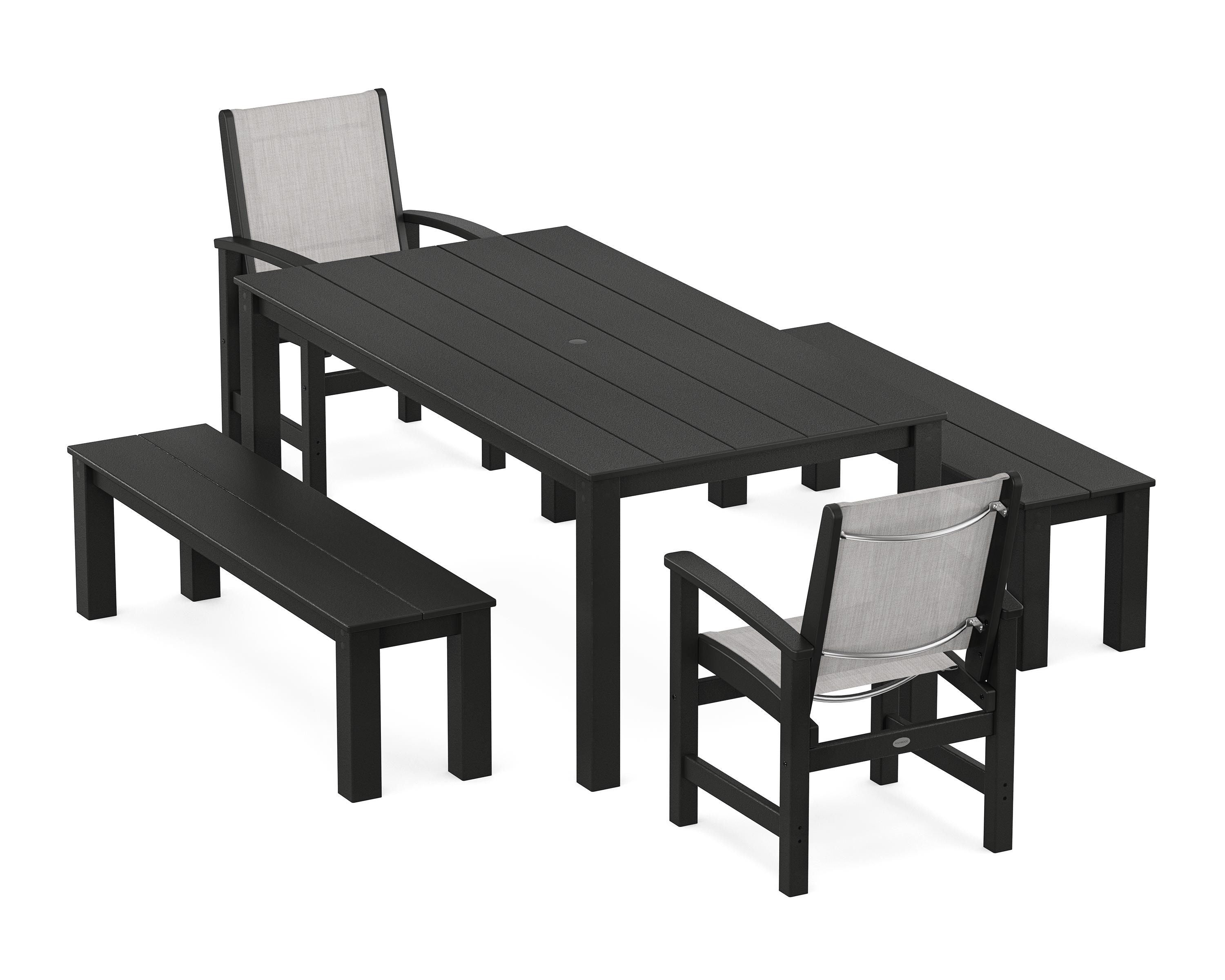 POLYWOOD Coastal 5-Piece Parsons Dining Set with Benches in Black / Parchment Sling