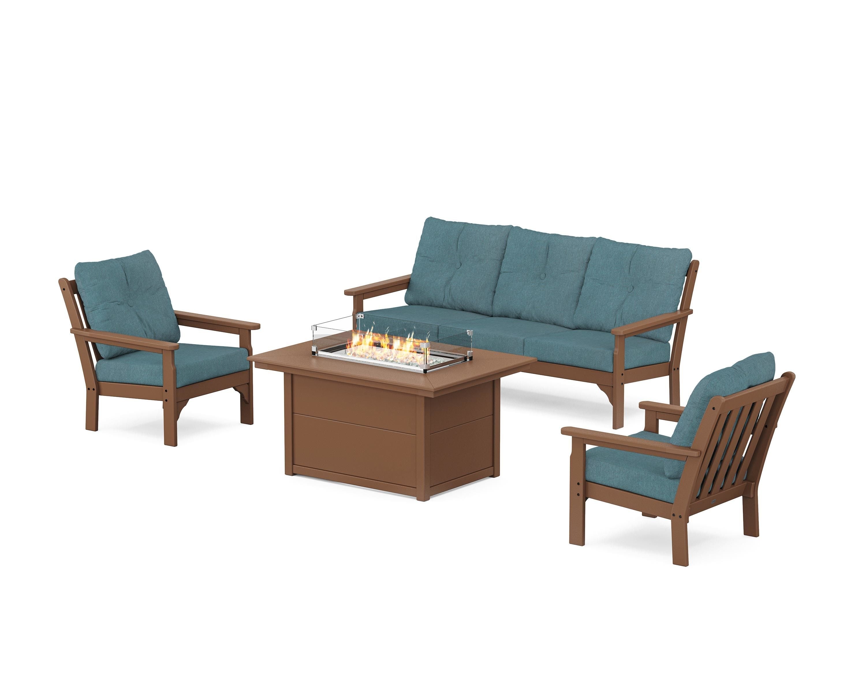 POLYWOOD Vineyard Deep Seating Fire Pit Table Set in Teak / Ocean Teal