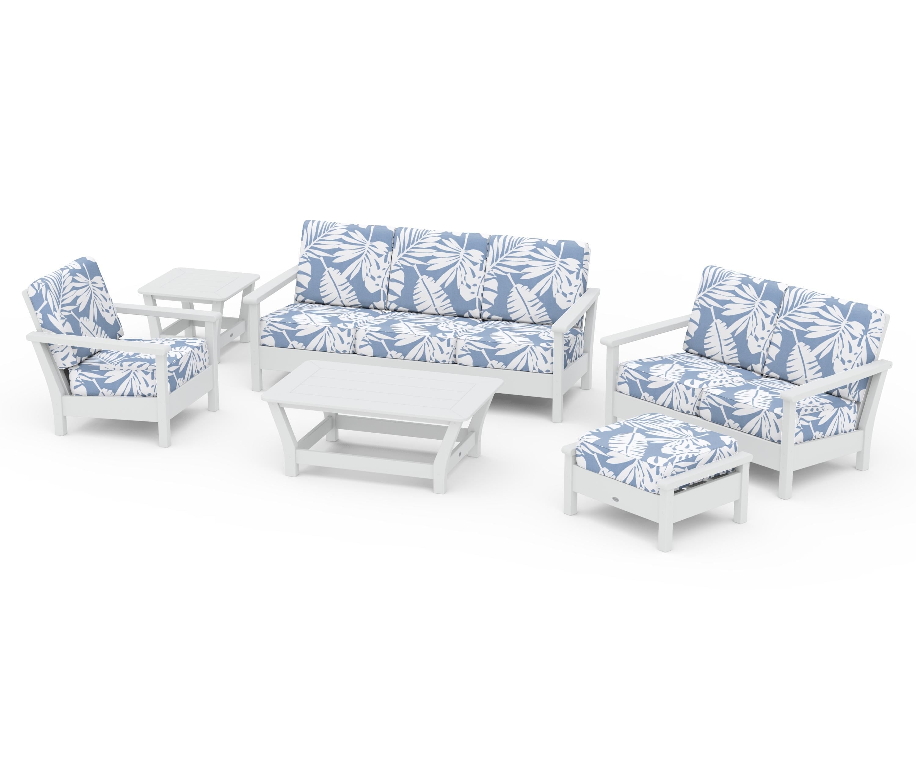 POLYWOOD Harbour 6-Piece Outdoor Living Set in White / Leaf Sky Blue