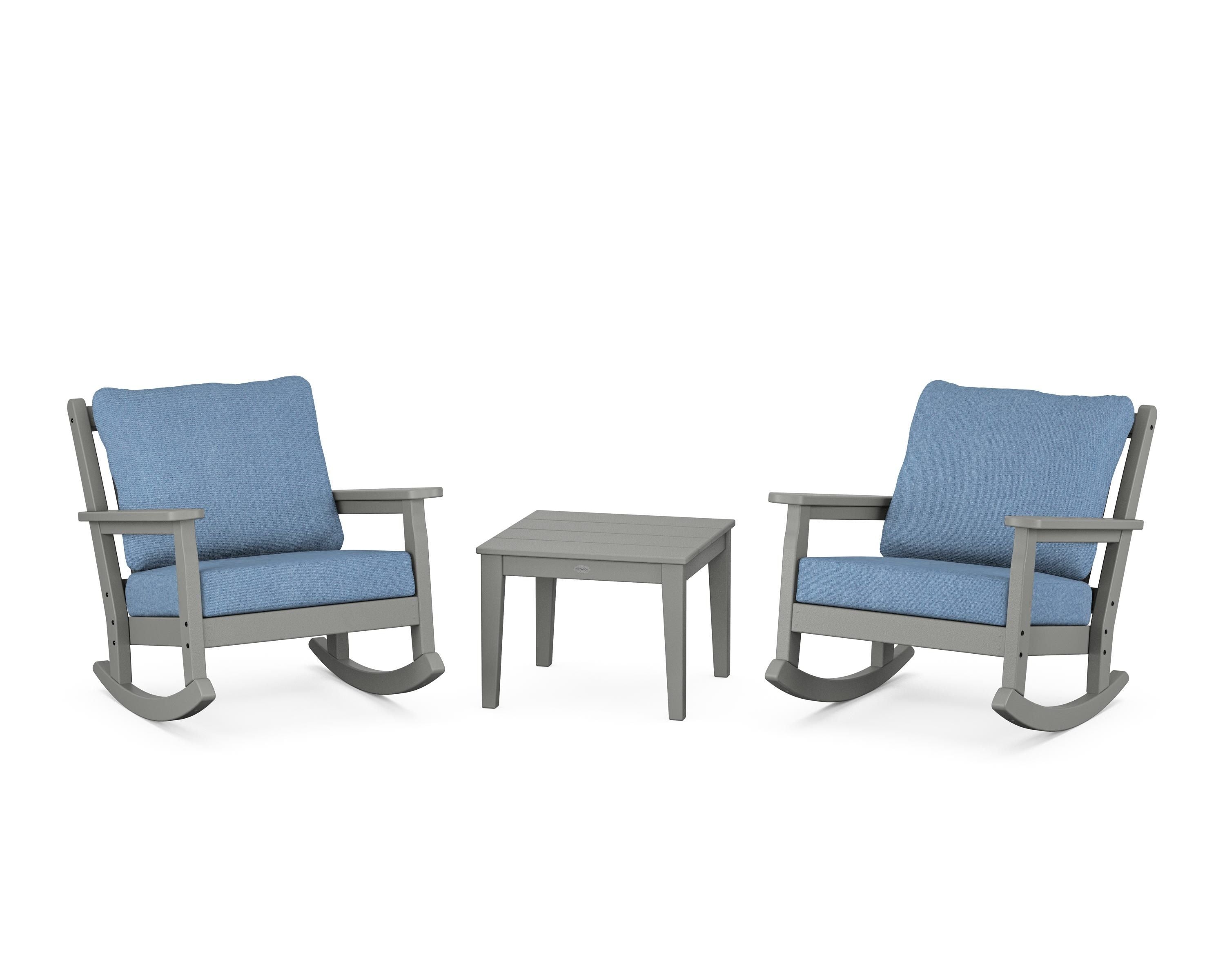 POLYWOOD Chippendale 3-Piece Deep Seating Rocker Set in Slate Grey / Sky Blue