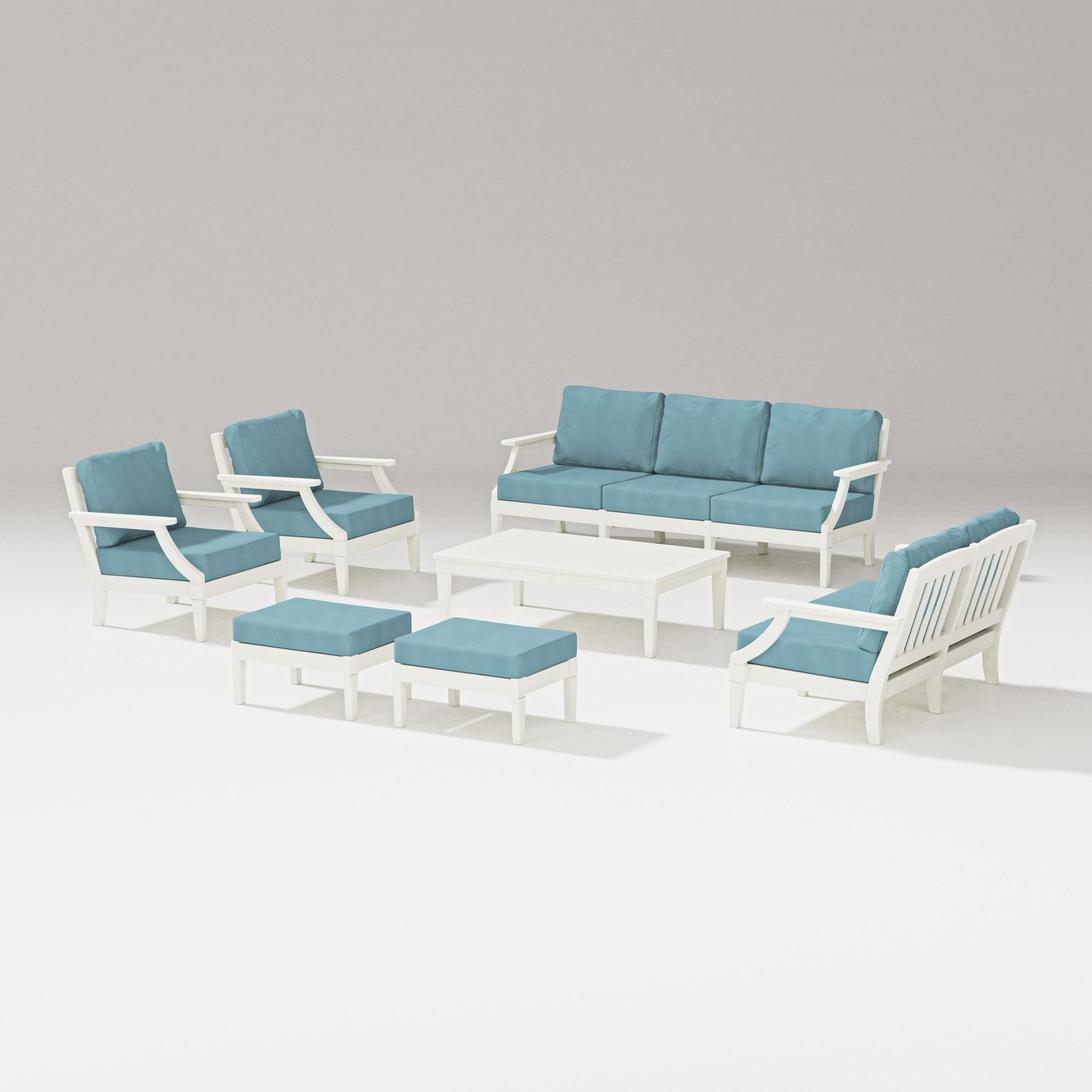 PW Designer Series Estate 7-Piece Lounge Sofa Set in Vintage White / Lattice Sky Blue