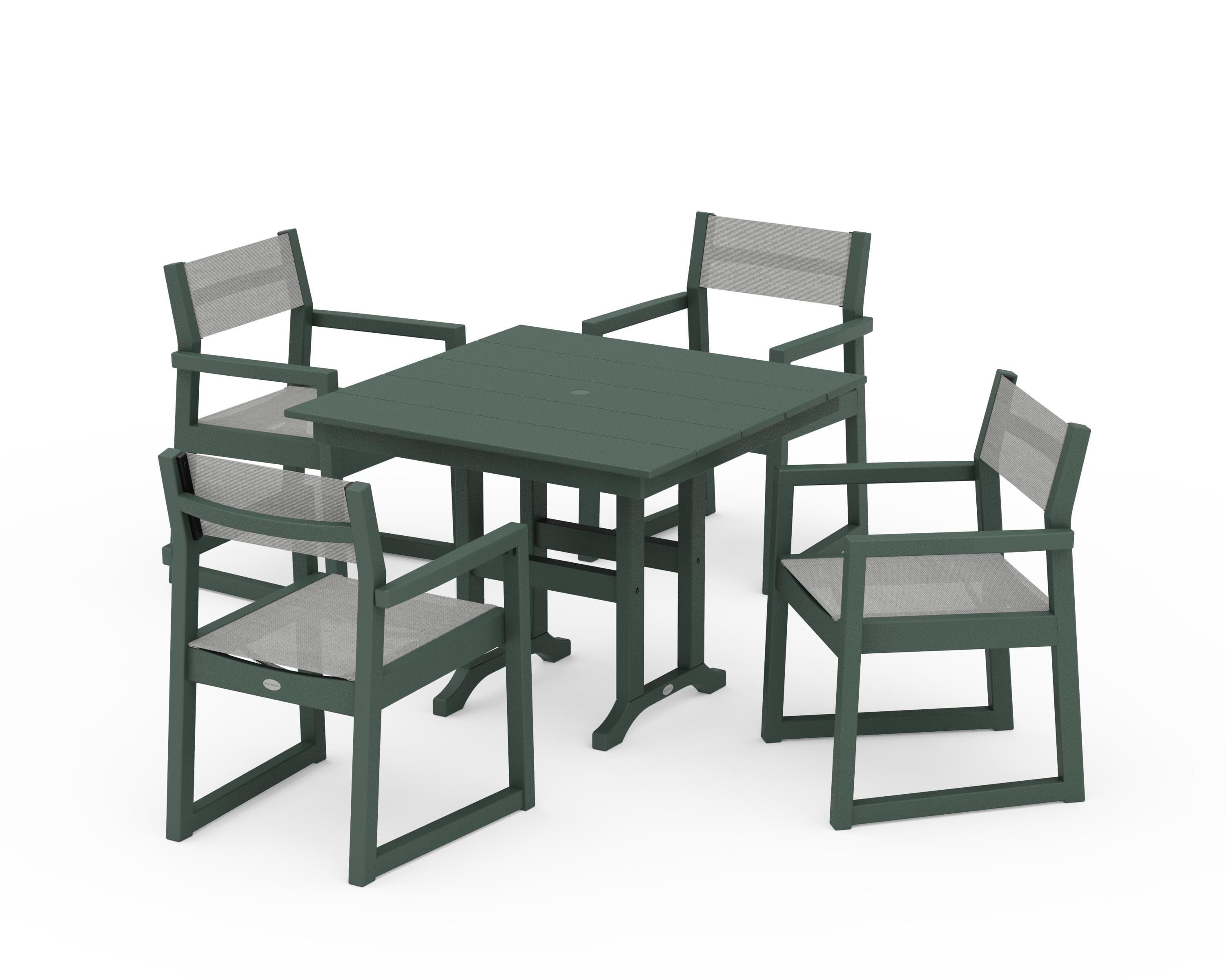 POLYWOOD EDGE Sling Arm Chair 5-Piece Farmhouse Dining Set in Green / Metallic Sling