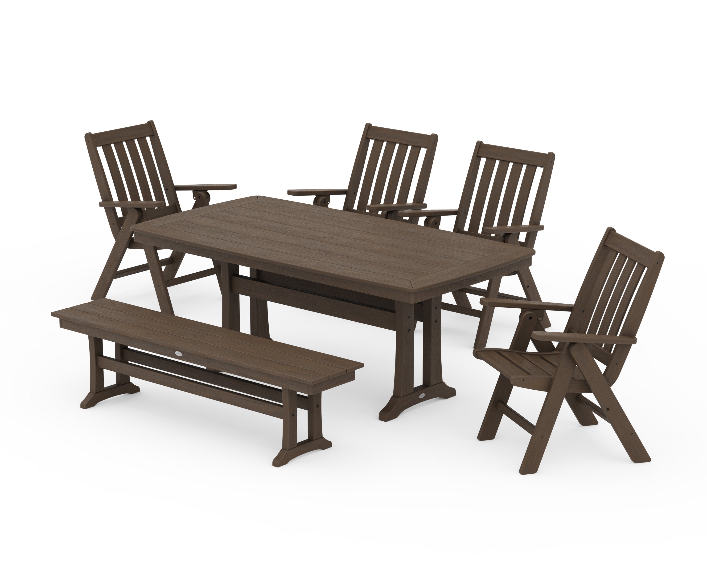 POLYWOOD Vineyard Folding Chair 6-Piece Dining Set with Trestle Legs and Bench in Kona