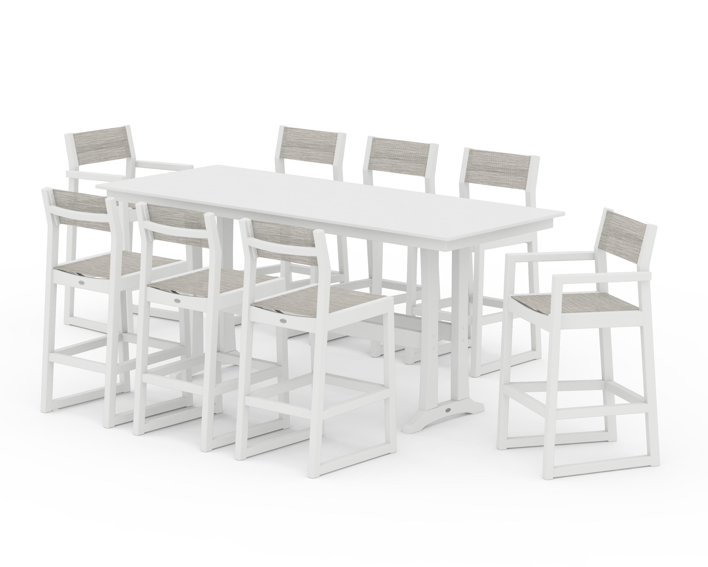 POLYWOOD EDGE Sling 9-Piece Farmhouse Bar Set with Trestle Legs in White / Birch Sling