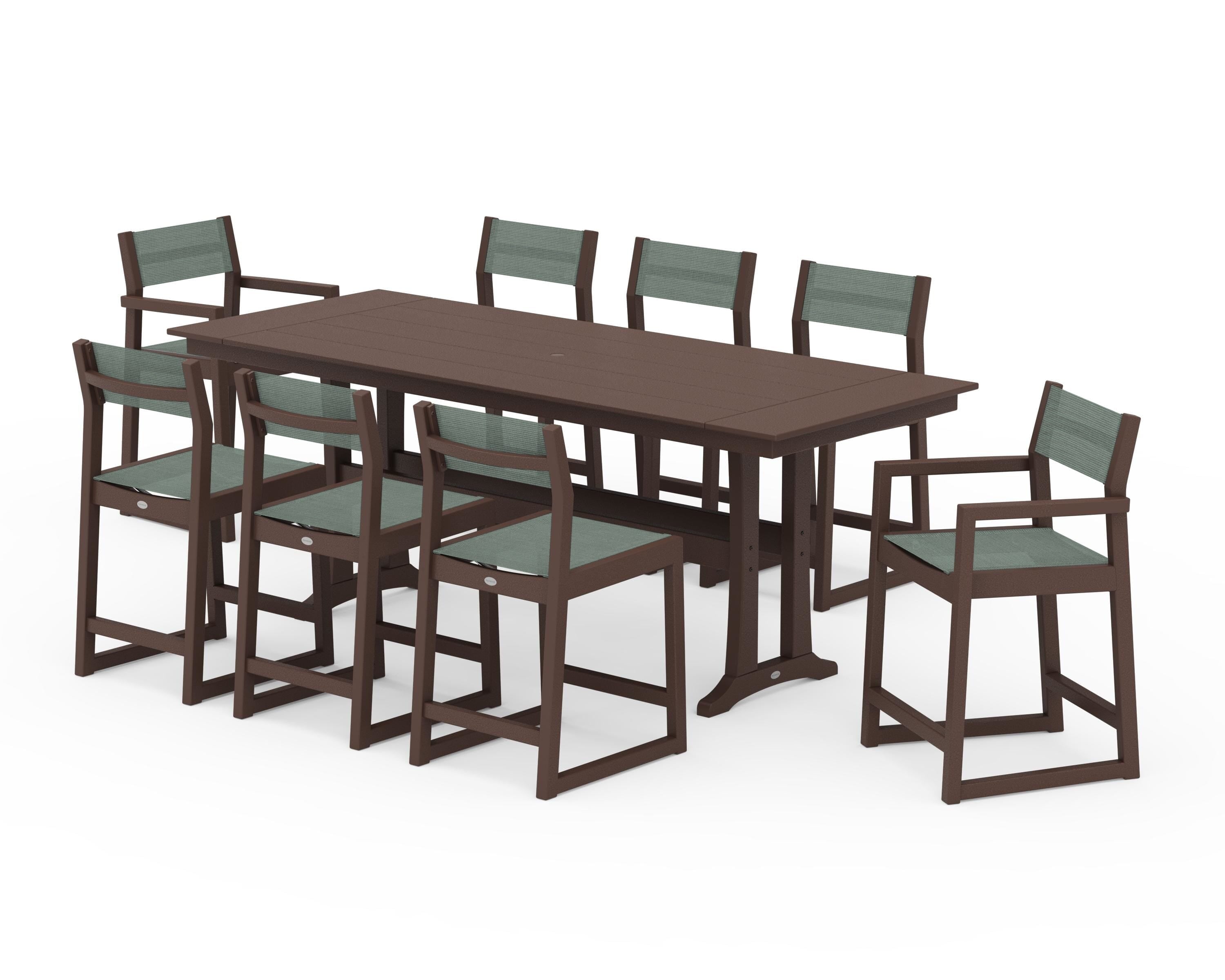 POLYWOOD EDGE Sling 9-Piece Farmhouse Counter Set with Trestle Legs in Mahogany / Dupioni Sea Mist Sling