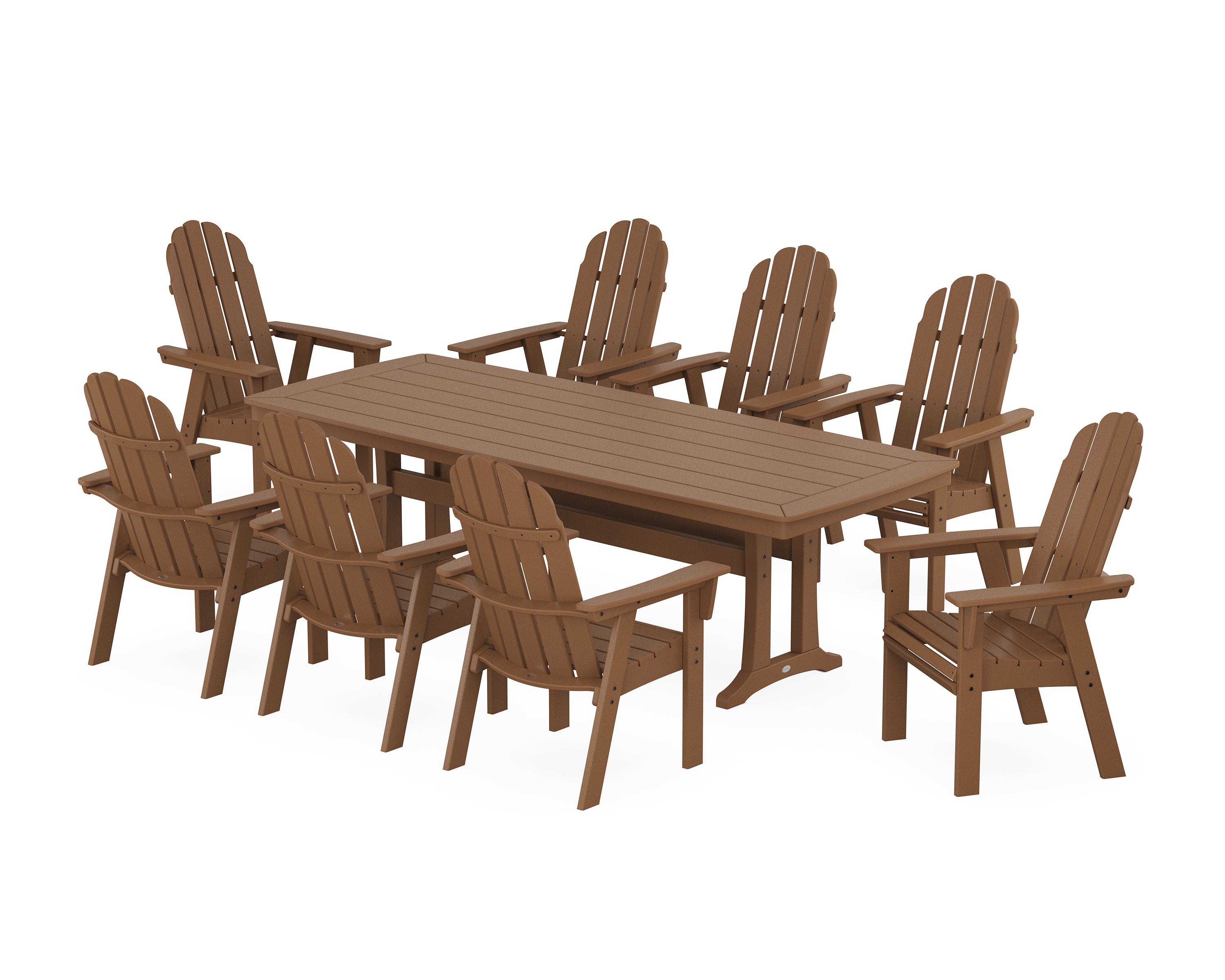 POLYWOOD Vineyard Curveback Adirondack 9-Piece Dining Set with Trestle Legs in Teak