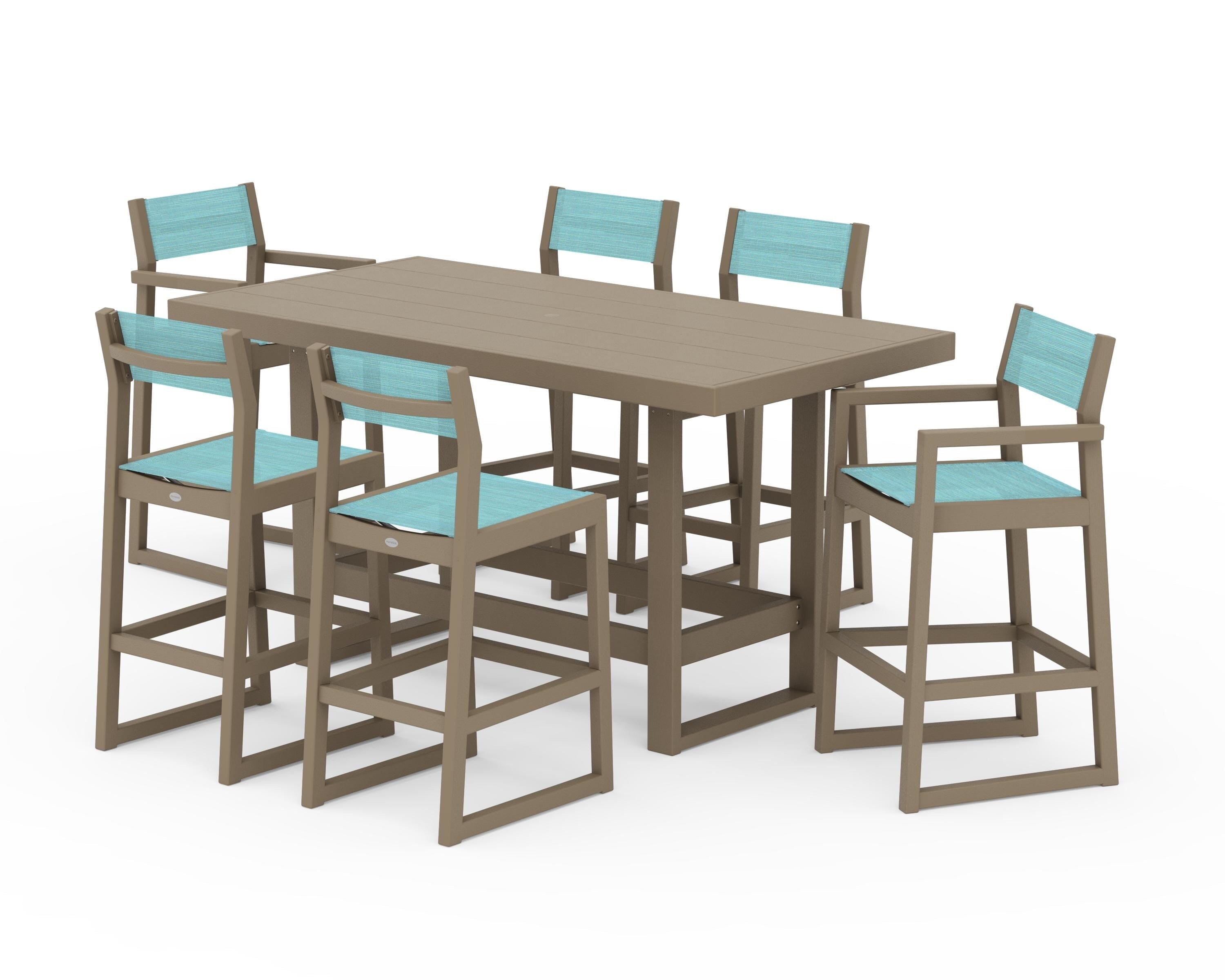 POLYWOOD EDGE Sling 7-Piece Bar Table Set in Vintage Sahara / Dupioni Aquamarine Sling