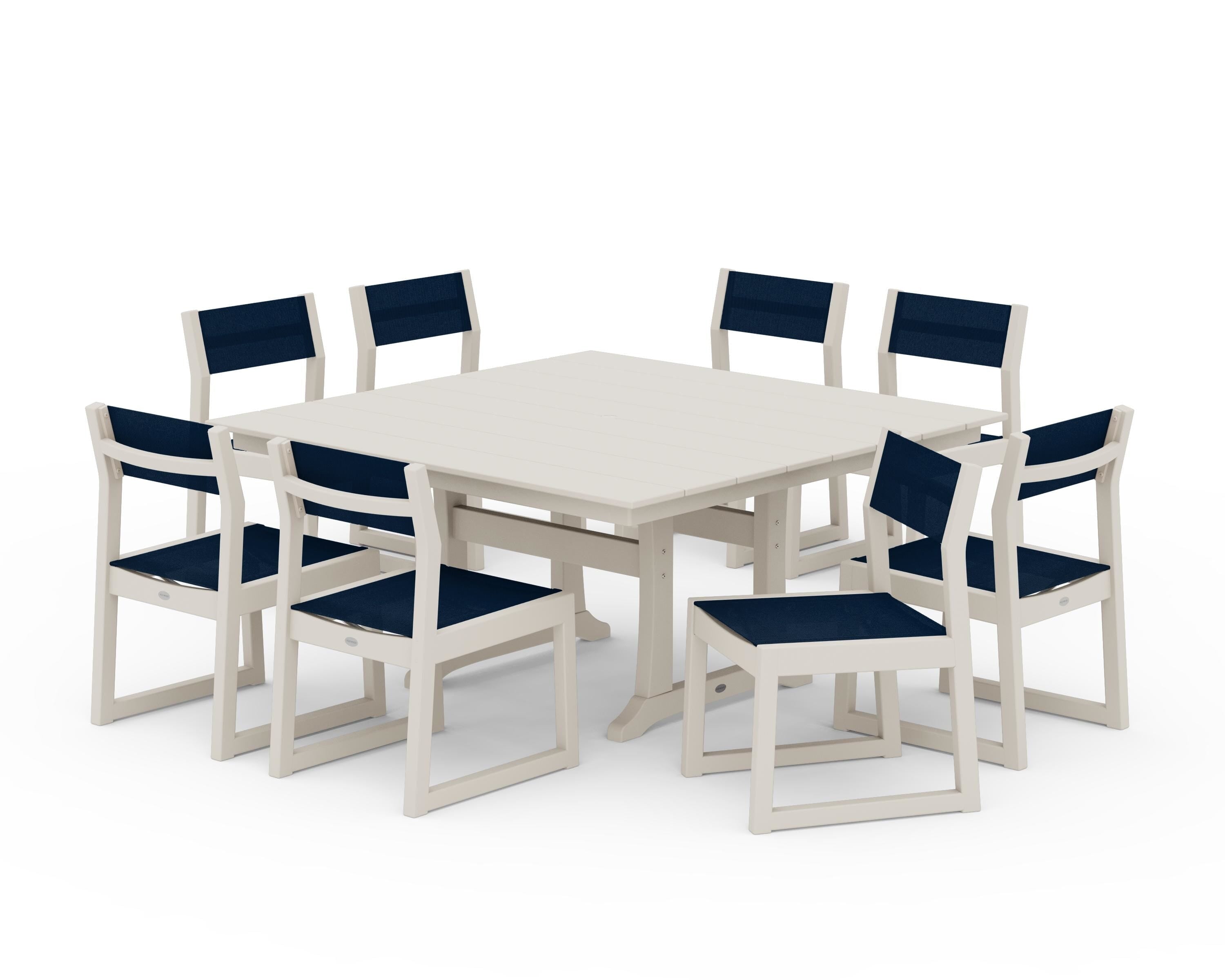 POLYWOOD EDGE Sling Side Chair 9-Piece Farmhouse Trestle Dining Set in Sand / Navy Blue Sling