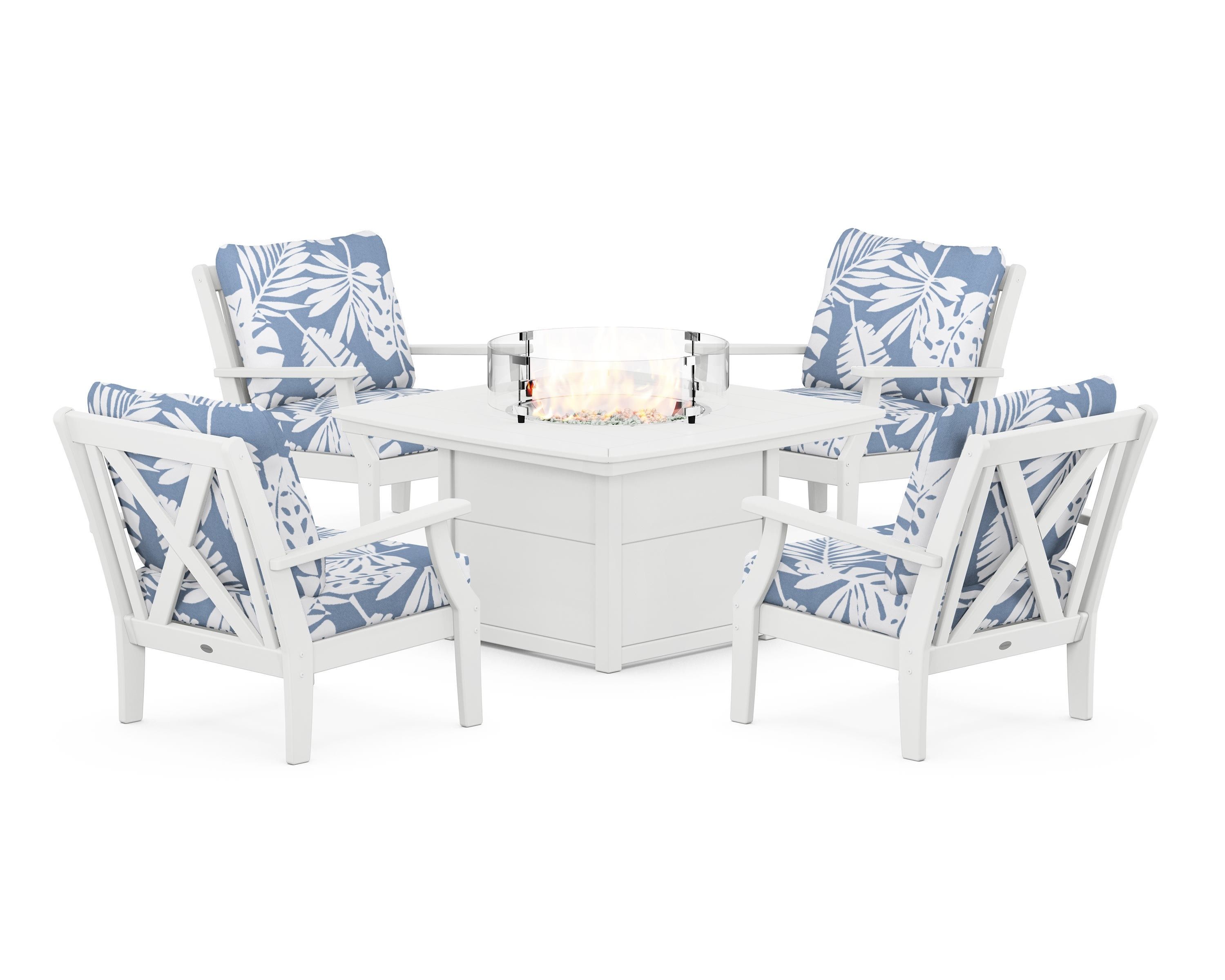 POLYWOOD Braxton 5-Piece Deep Seating Conversation Set with Fire Pit Table in White / Leaf Sky Blue