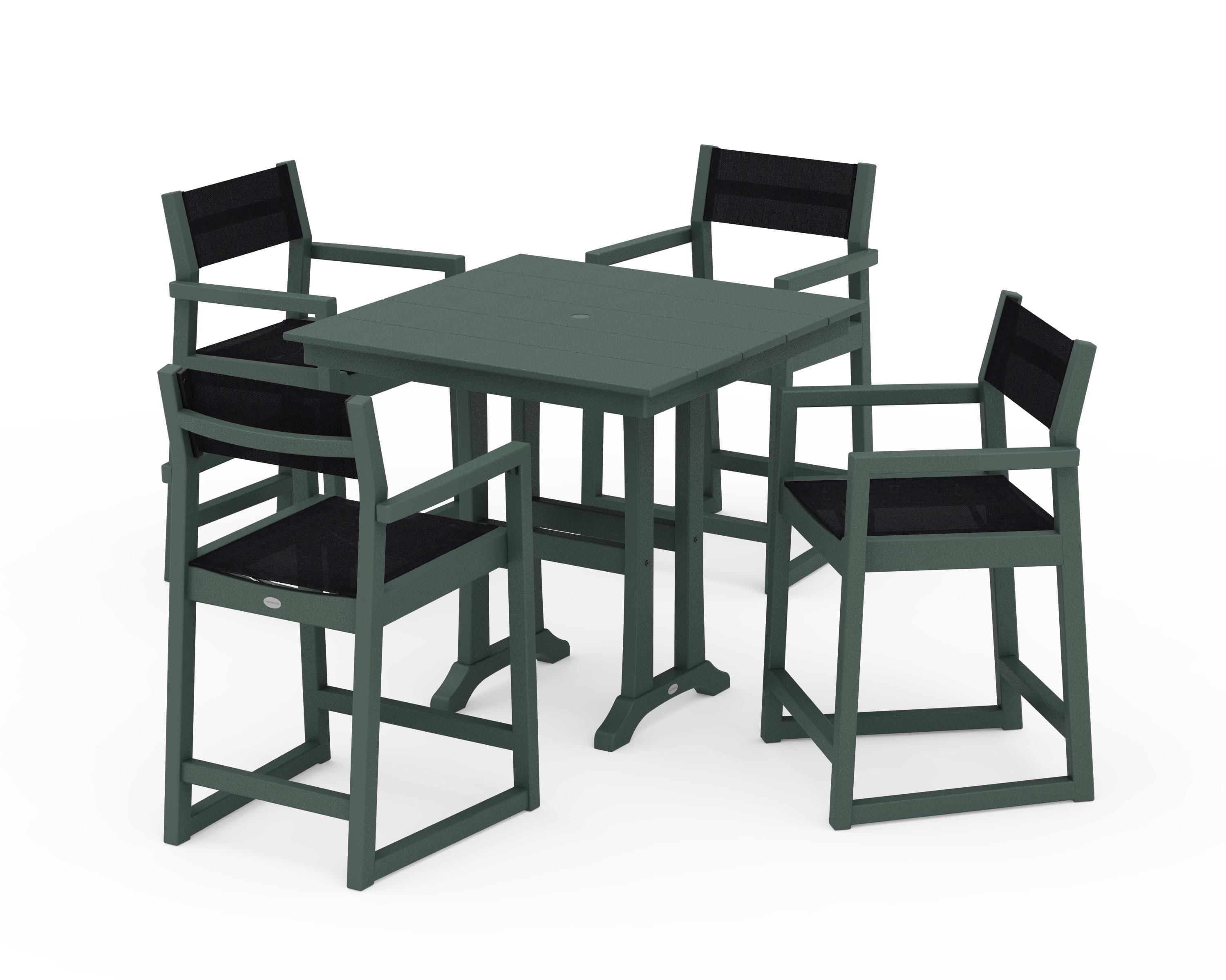 POLYWOOD EDGE Sling Arm Chair 5-Piece Farmhouse Counter Set with Trestle Legs in Green / Black Sling