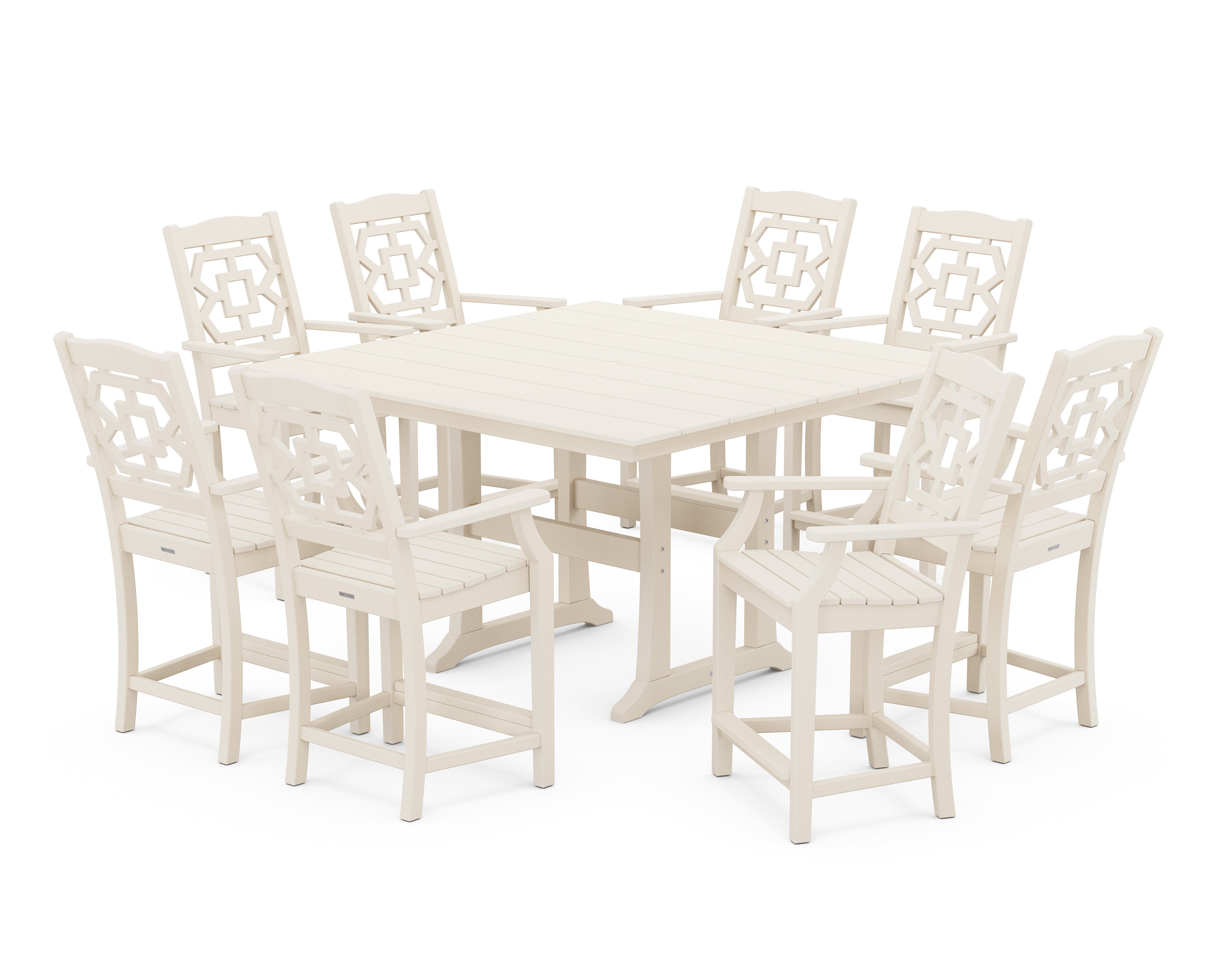 Martha Stewart by POLYWOOD Chinoiserie 9-Piece Square Farmhouse Counter Set with Trestle Legs in Sand