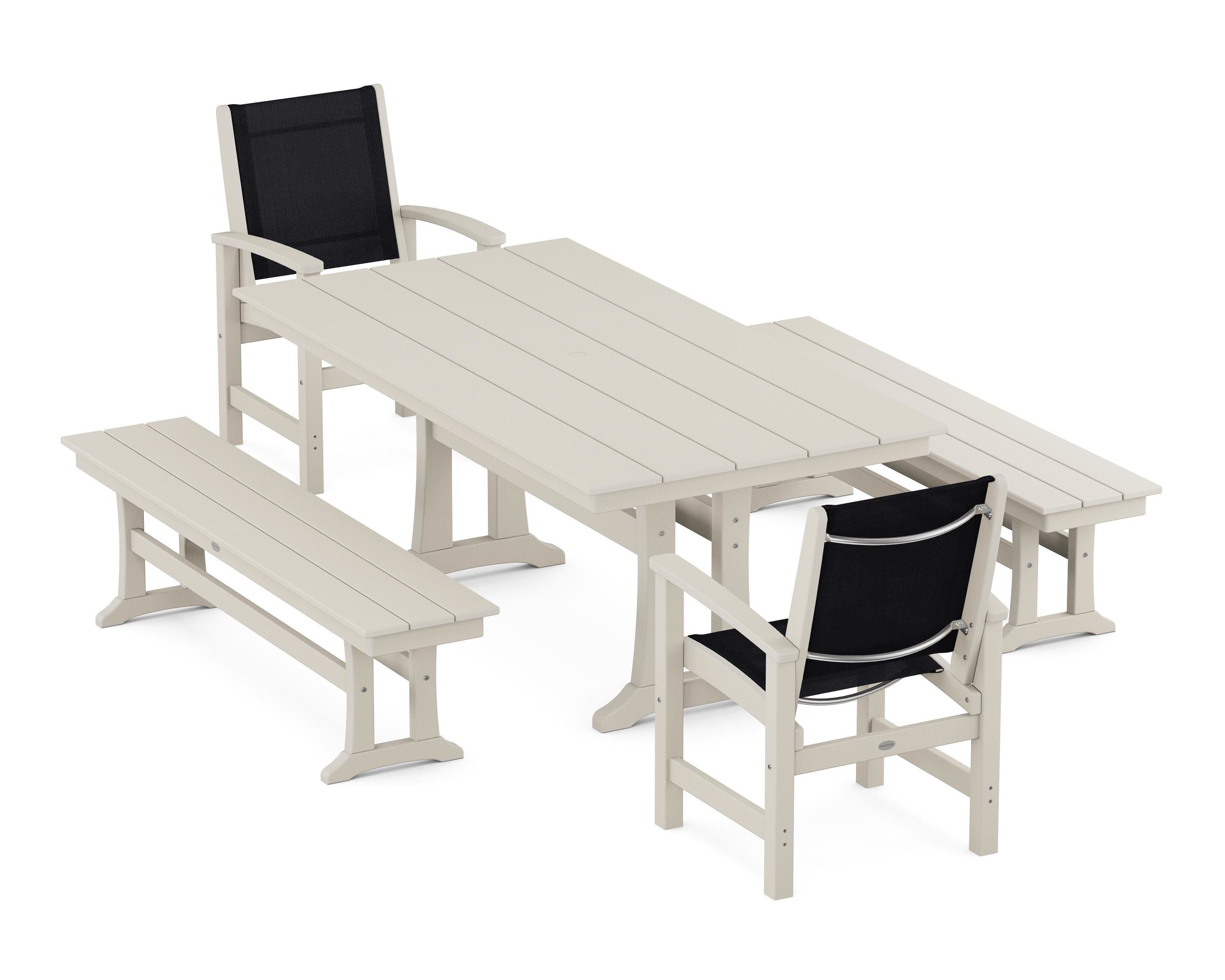 POLYWOOD Coastal 5-Piece Farmhouse Dining Set with Trestle Legs and Benches in Sand / Black Sling