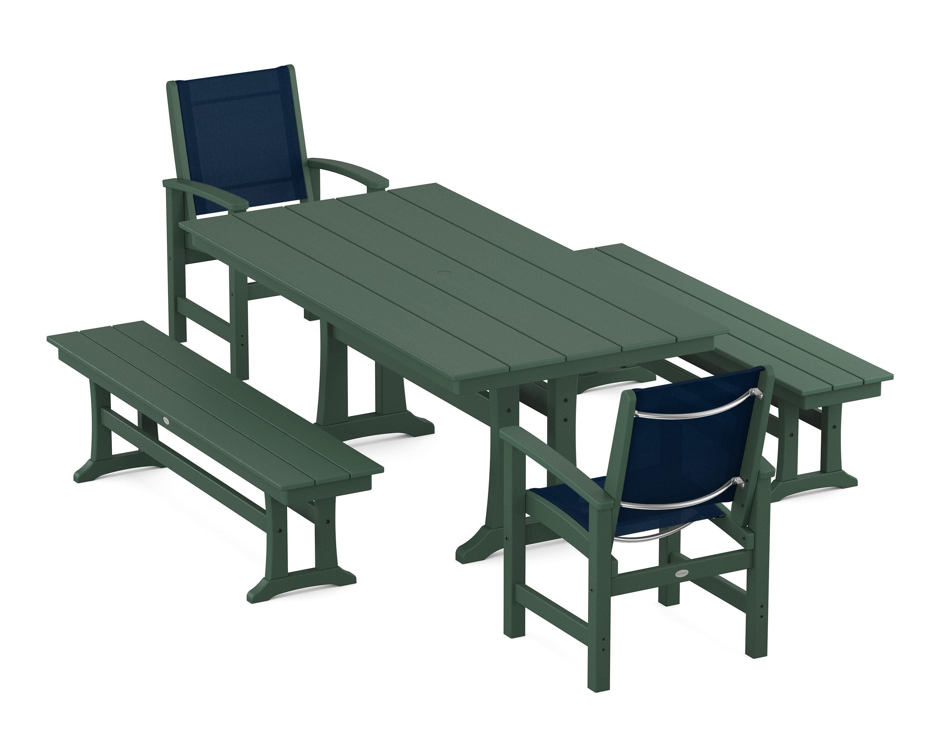POLYWOOD Coastal 5-Piece Farmhouse Dining Set with Trestle Legs and Benches in Green / Navy Blue Sling
