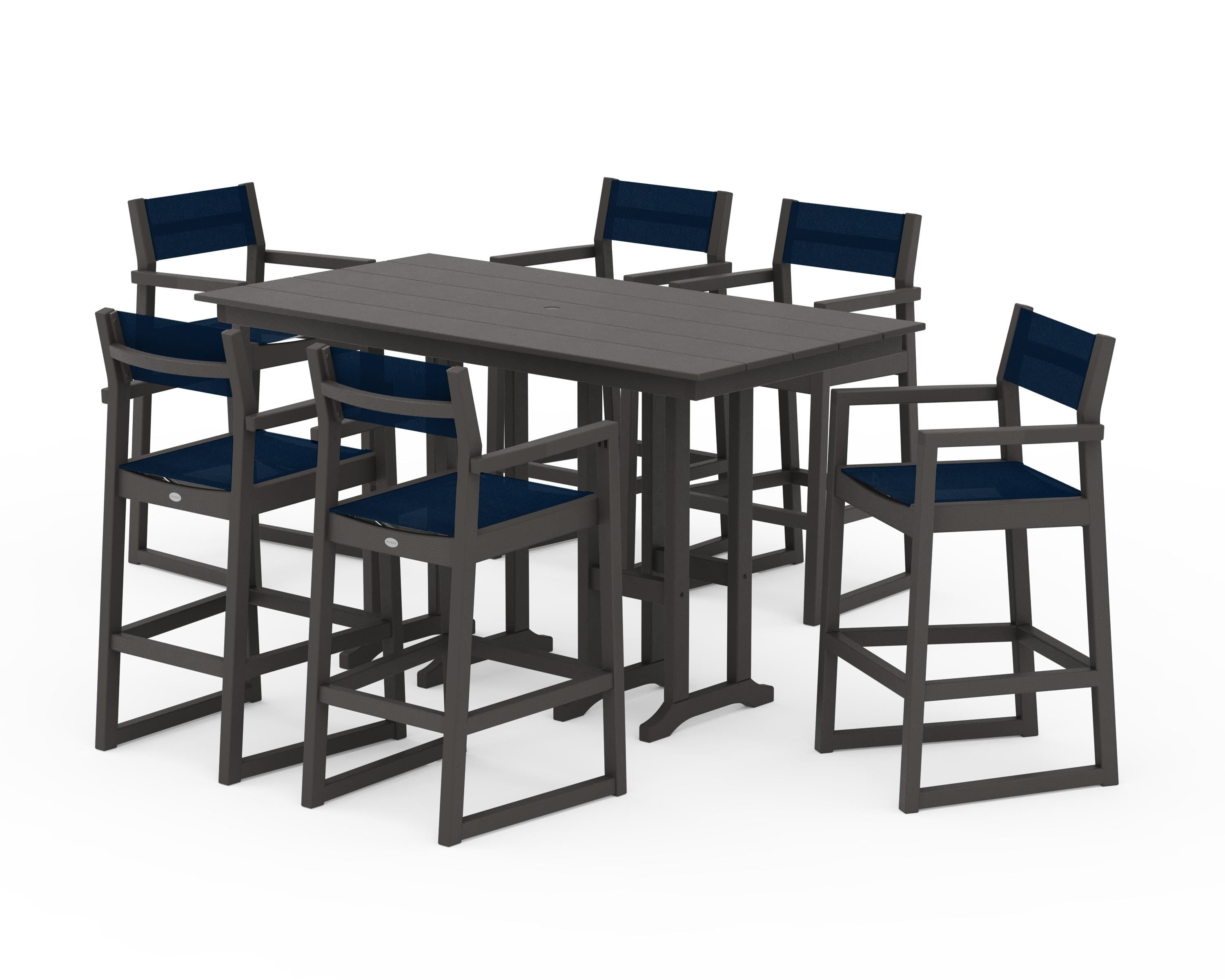 POLYWOOD EDGE Sling Arm Chair 7-Piece Farmhouse Bar Set in Vintage Coffee / Navy Blue Sling
