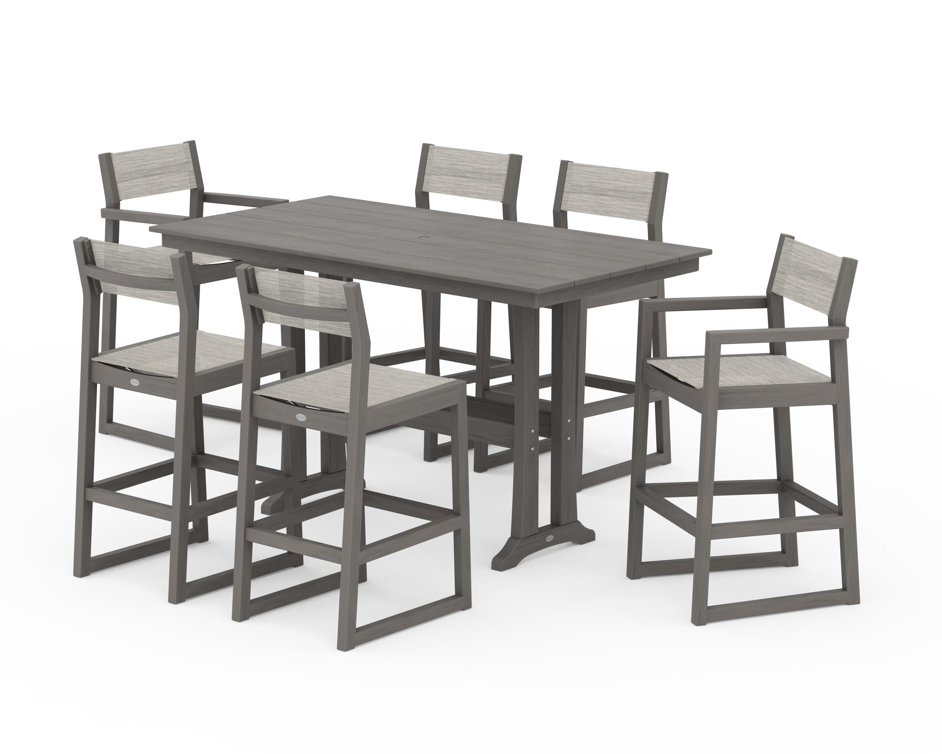 POLYWOOD EDGE Sling 7-Piece Farmhouse Bar Set with Trestle Legs in Driftwood / Birch Sling