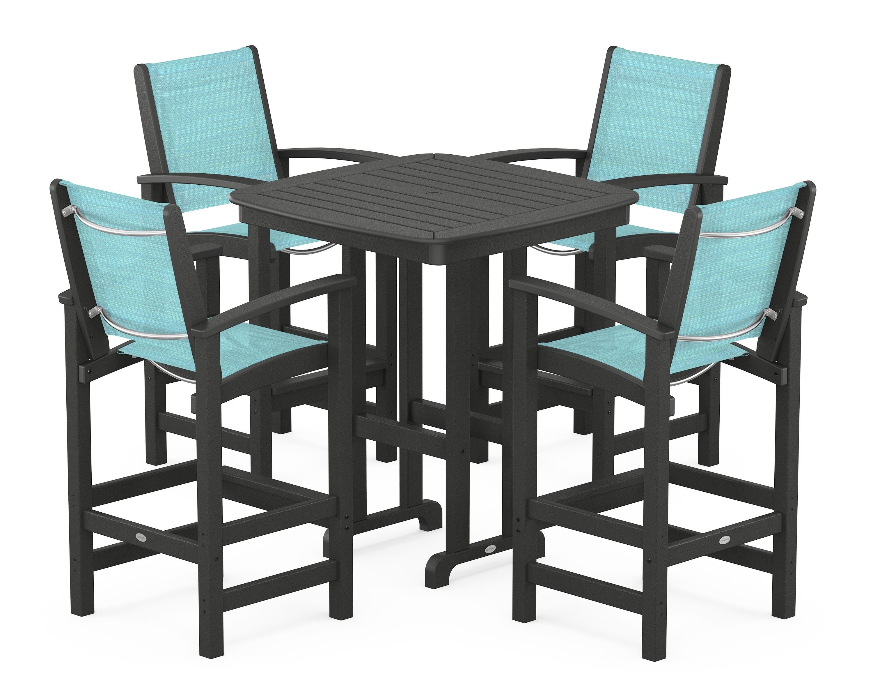 POLYWOOD Coastal 5-Piece Bar Set in Black / Dupioni Aquamarine Sling
