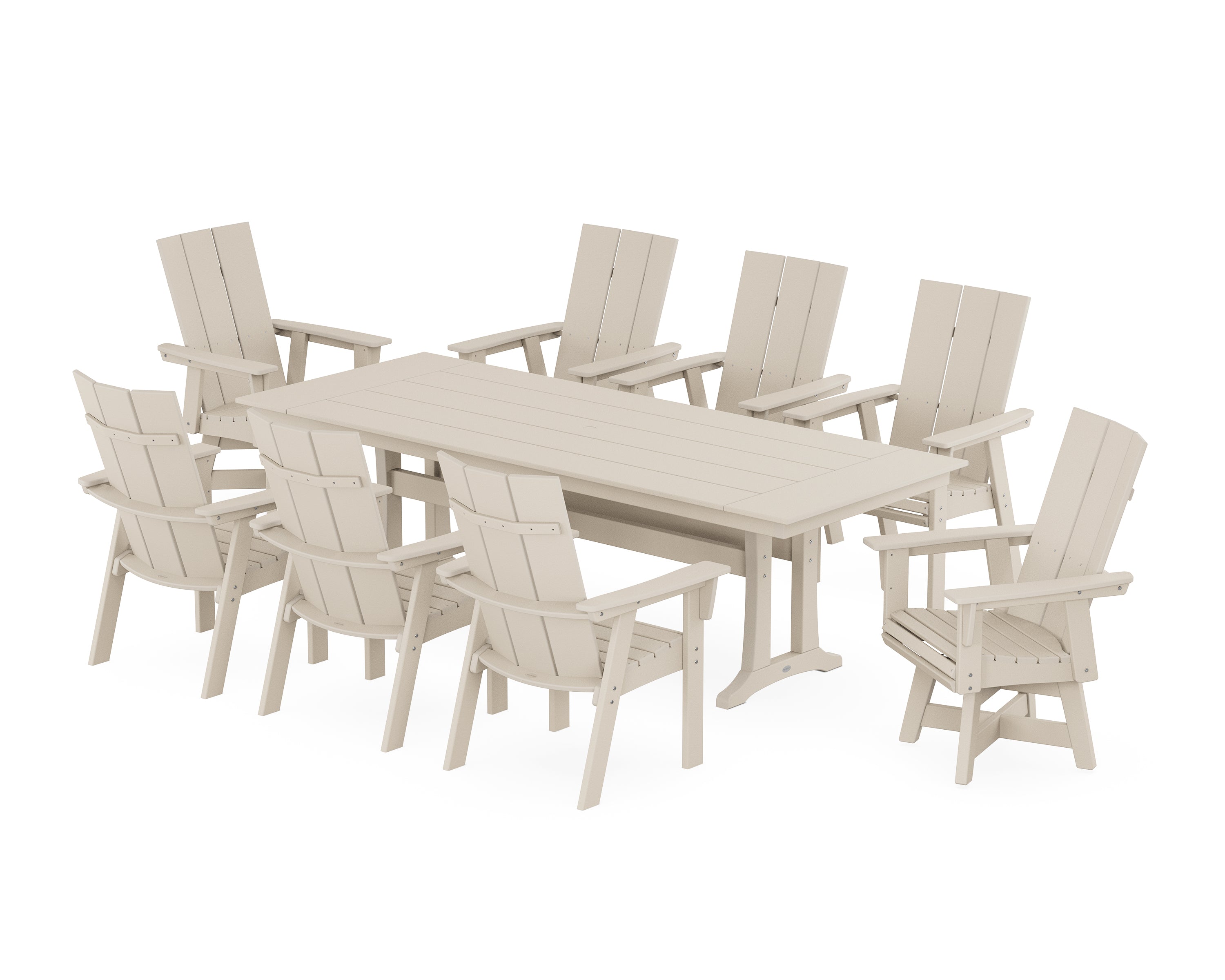 POLYWOOD® Modern Curveback Adirondack Swivel 9-Piece Farmhouse Dining Set with Trestle Legs in Sand