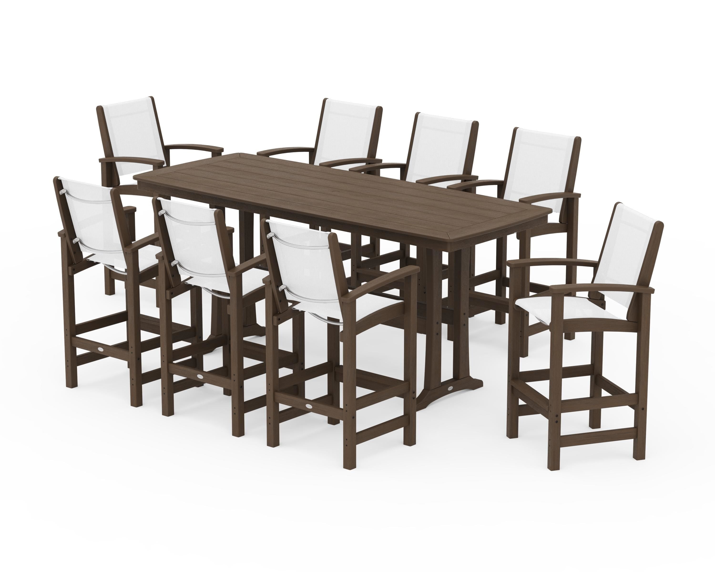 POLYWOOD Coastal 9-Piece Bar Set with Trestle Legs in Kona / White Sling