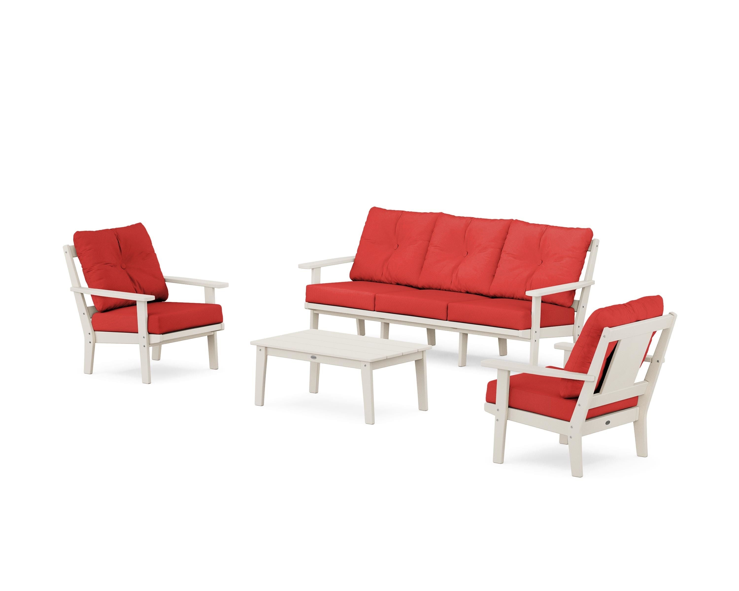 POLYWOOD Prairie 4-Piece Deep Seating Set with Sofa in Sand / Crimson Linen