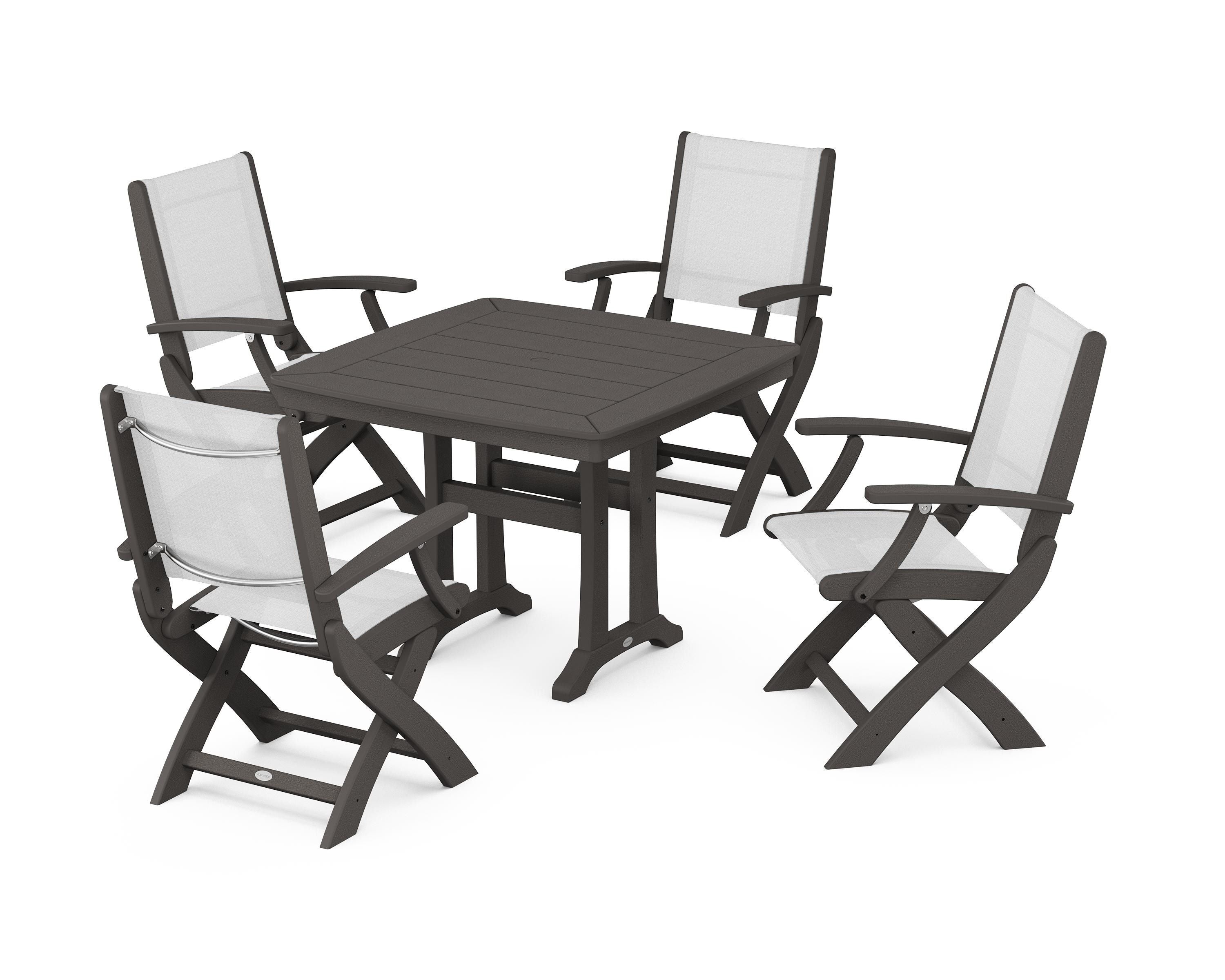 POLYWOOD Coastal Folding Chair 5-Piece Dining Set with Trestle Legs in Vintage Coffee / White Sling