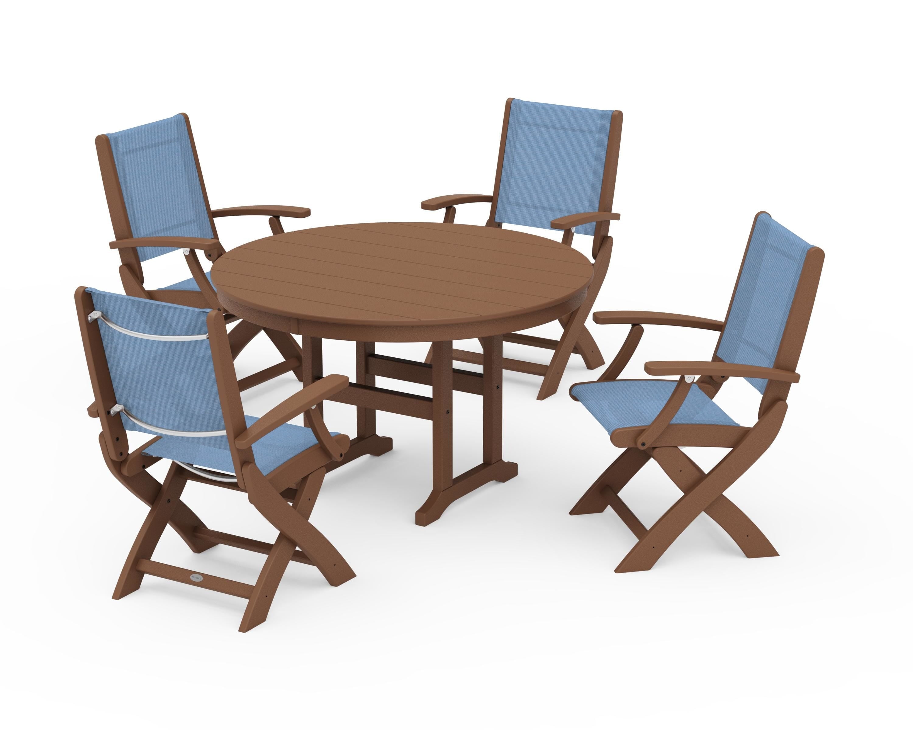 POLYWOOD Coastal Folding Chair 5-Piece Round Dining Set in Teak / Poolside Sling