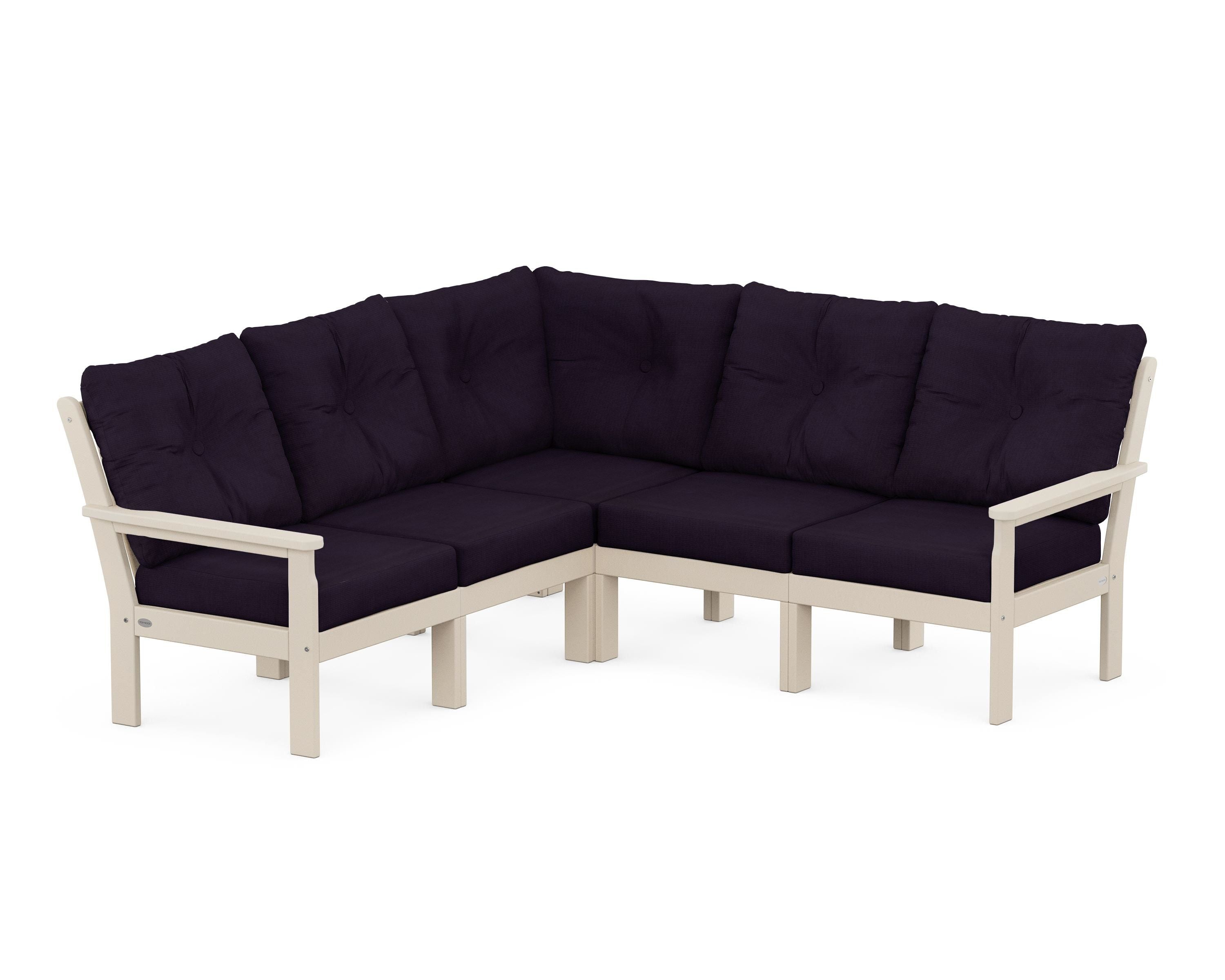 POLYWOOD Vineyard 5-Piece Sectional in Sand / Navy Linen