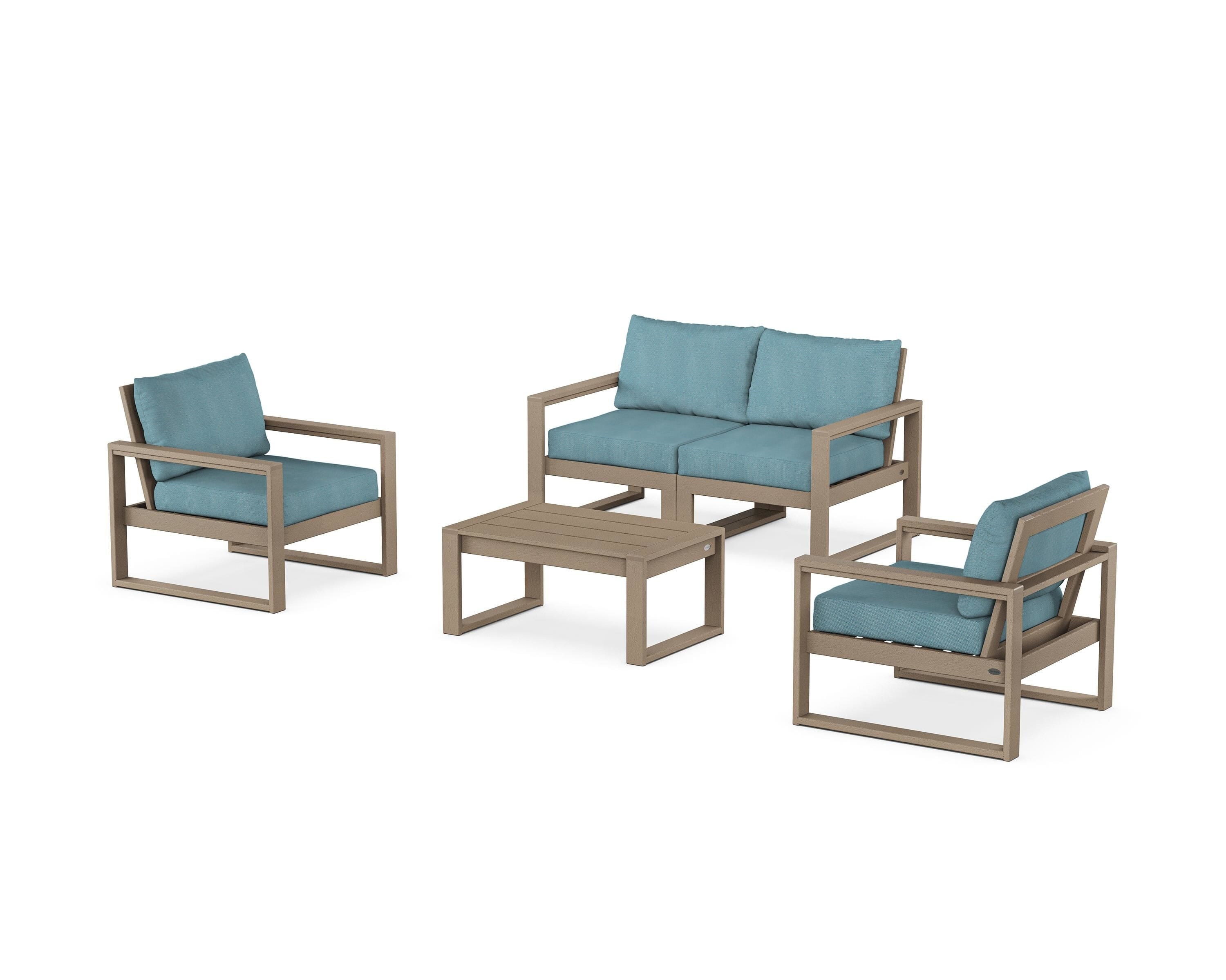 POLYWOOD EDGE Sectional 4-Piece Deep Seating Set with Loveseat in Vintage Sahara / Lattice Sky Blue