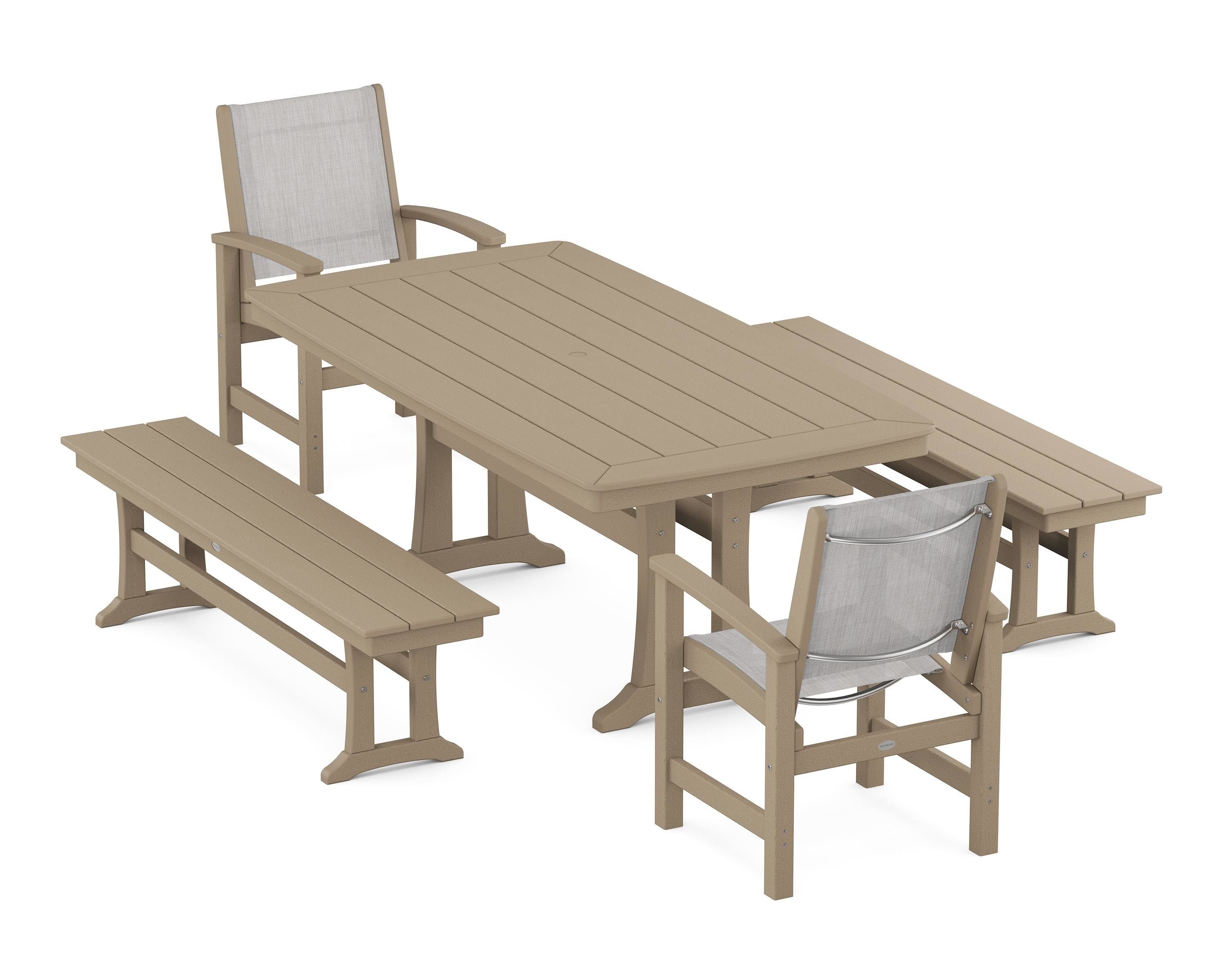 POLYWOOD Coastal 5-Piece Dining Set with Trestle Legs and Benches in Vintage Sahara / Parchment Sling