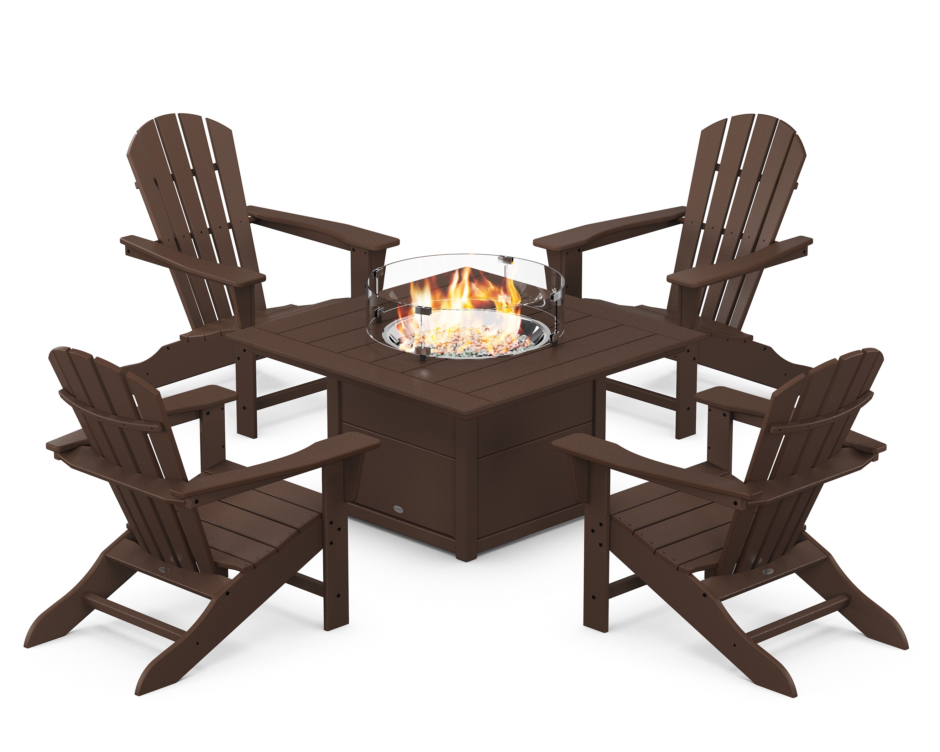 POLYWOOD Palm Coast 5-Piece Adirondack Chair Conversation Set with Fire Pit Table in Mahogany
