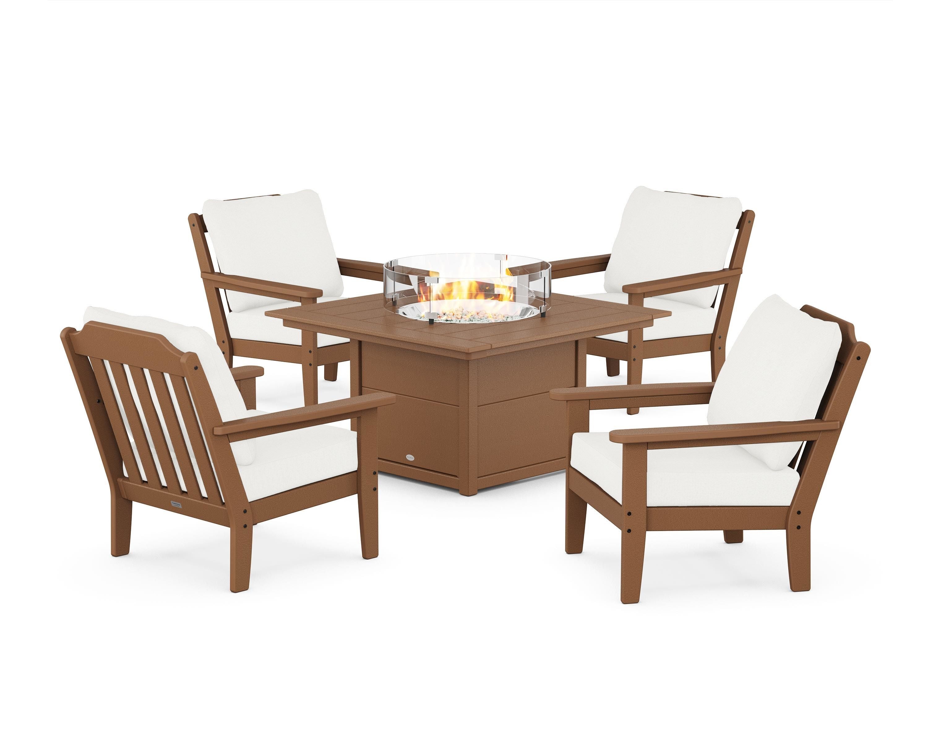 Country Living Cottage 5-Piece Deep Seating Set with Fire Pit Table in Teak / Natural Linen