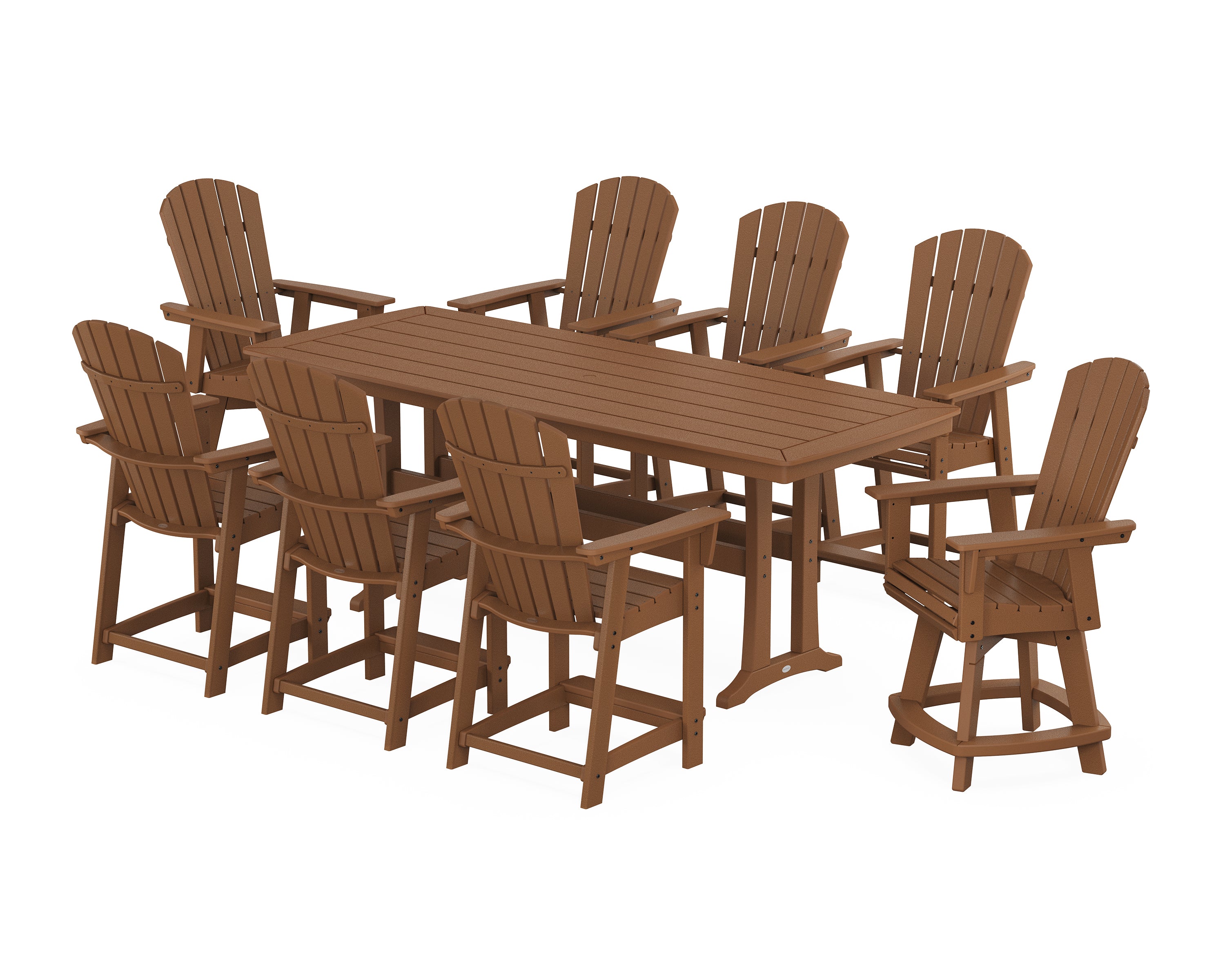 POLYWOOD® Nautical Curveback Adirondack Swivel 9-Piece Counter Set with Trestle Legs in Teak