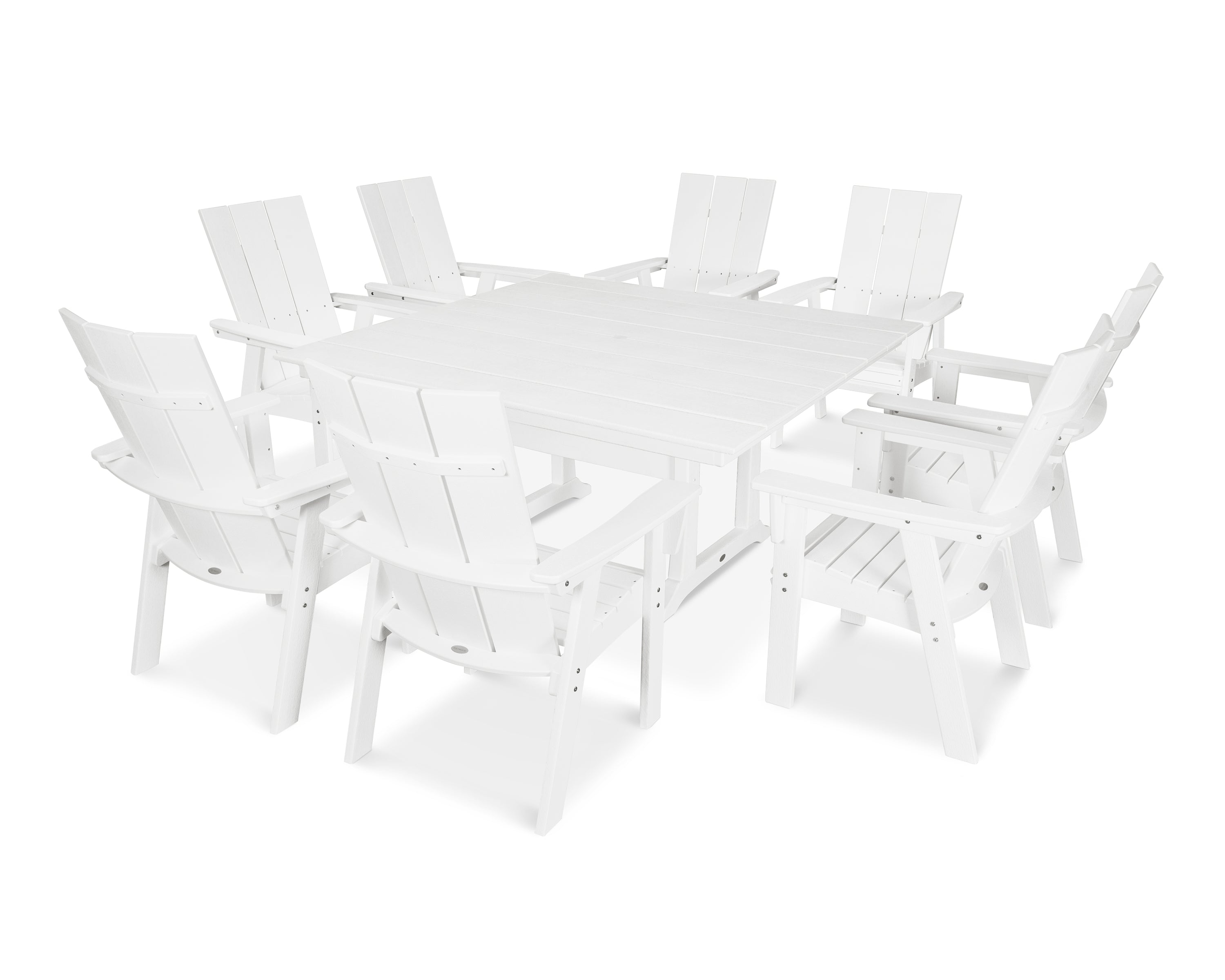 POLYWOOD® Modern Curveback Adirondack 9-Piece Farmhouse Trestle Dining Set in Vintage White