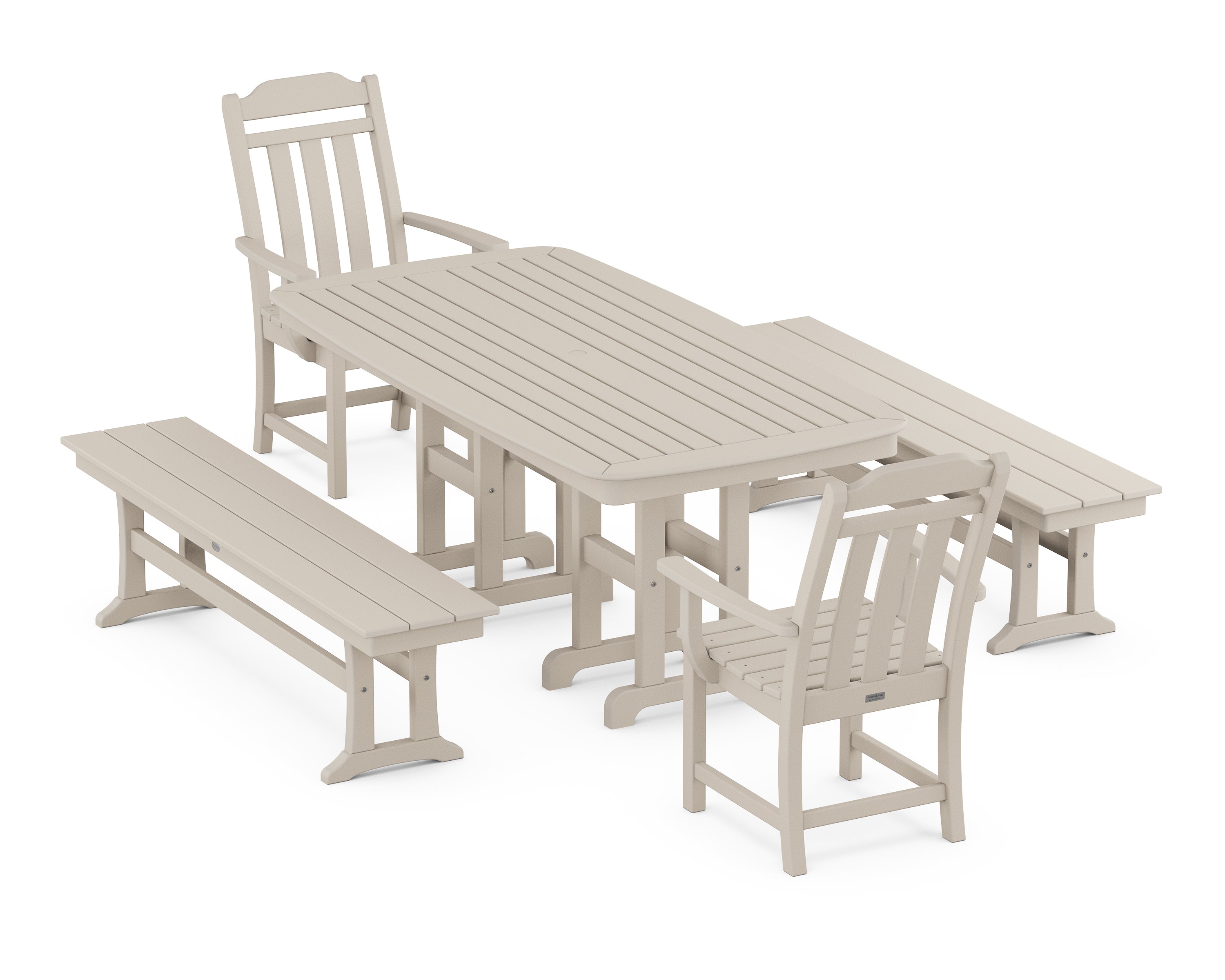 Polywood Country Living 5-Piece Dining Set with Benches in Sand
