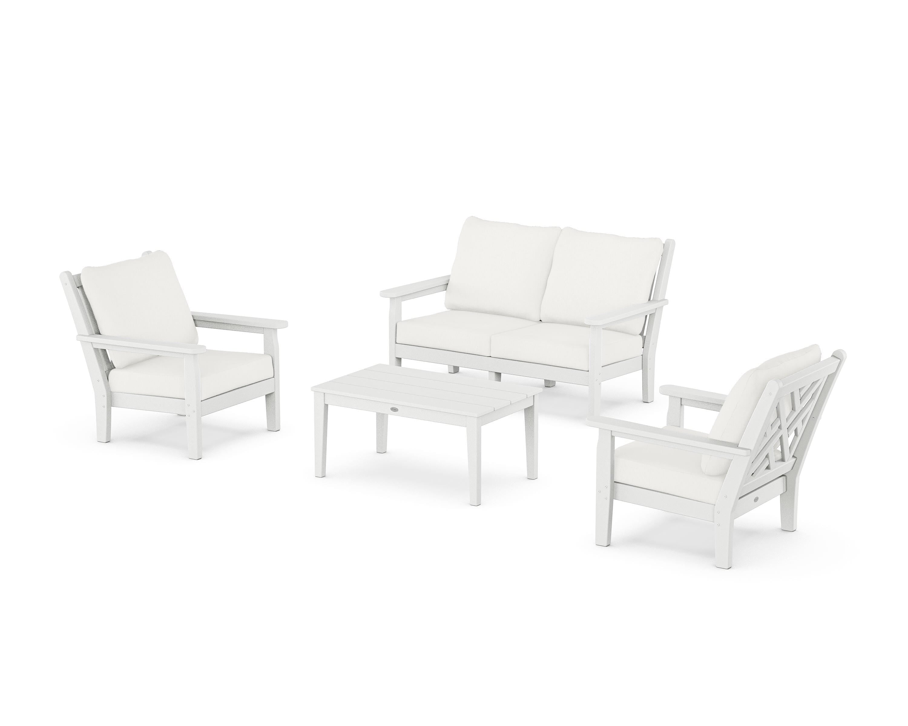 POLYWOOD Chippendale 4-Piece Deep Seating Set with Loveseat in White / Natural Linen